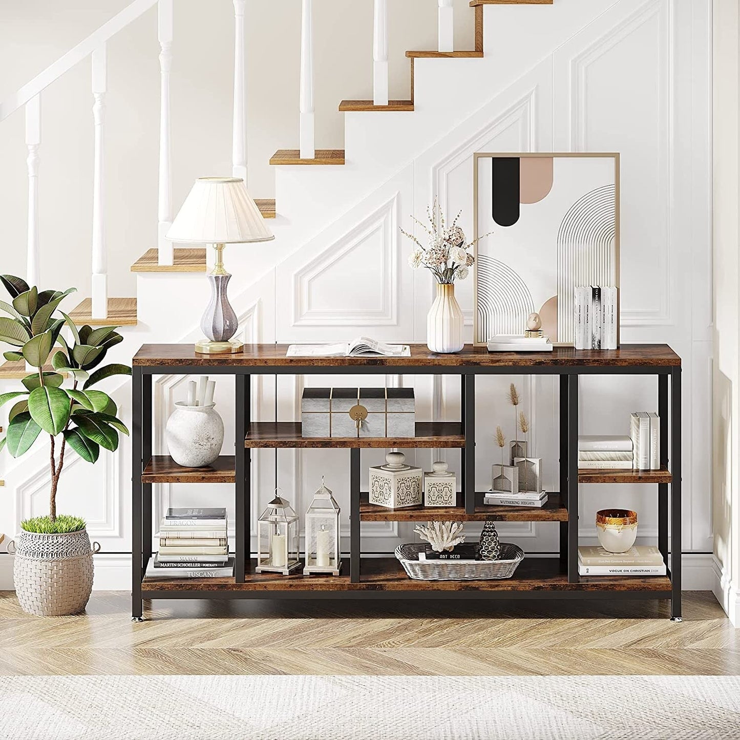 Table console de canapé de 180 cm avec rangement, table d'entrée à 3 niveaux pour couloir