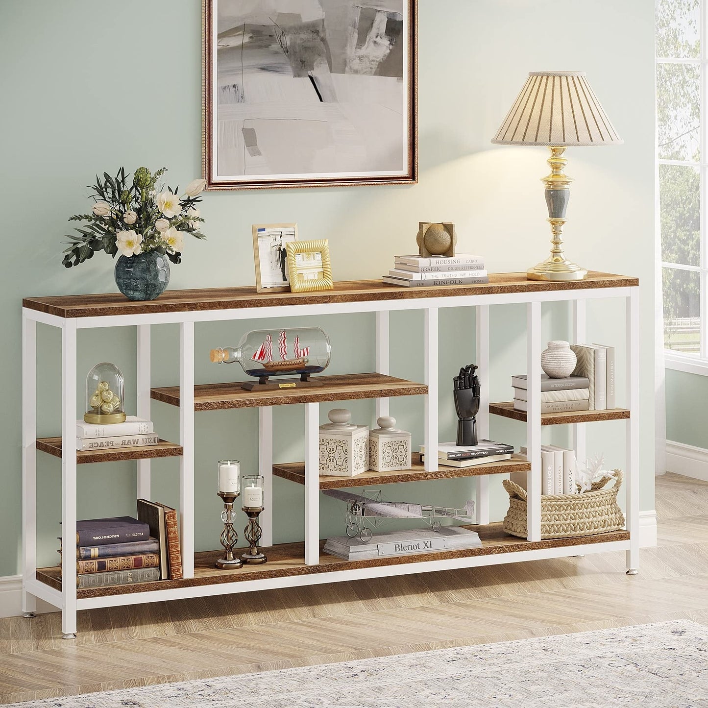 Table console de canapé de 180 cm avec rangement, table d'entrée à 3 niveaux pour couloir