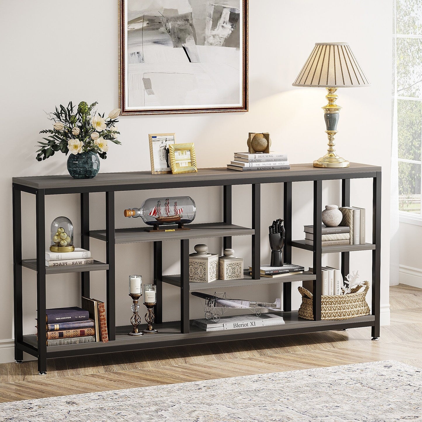 Table console de canapé de 180 cm avec rangement, table d'entrée à 3 niveaux pour couloir