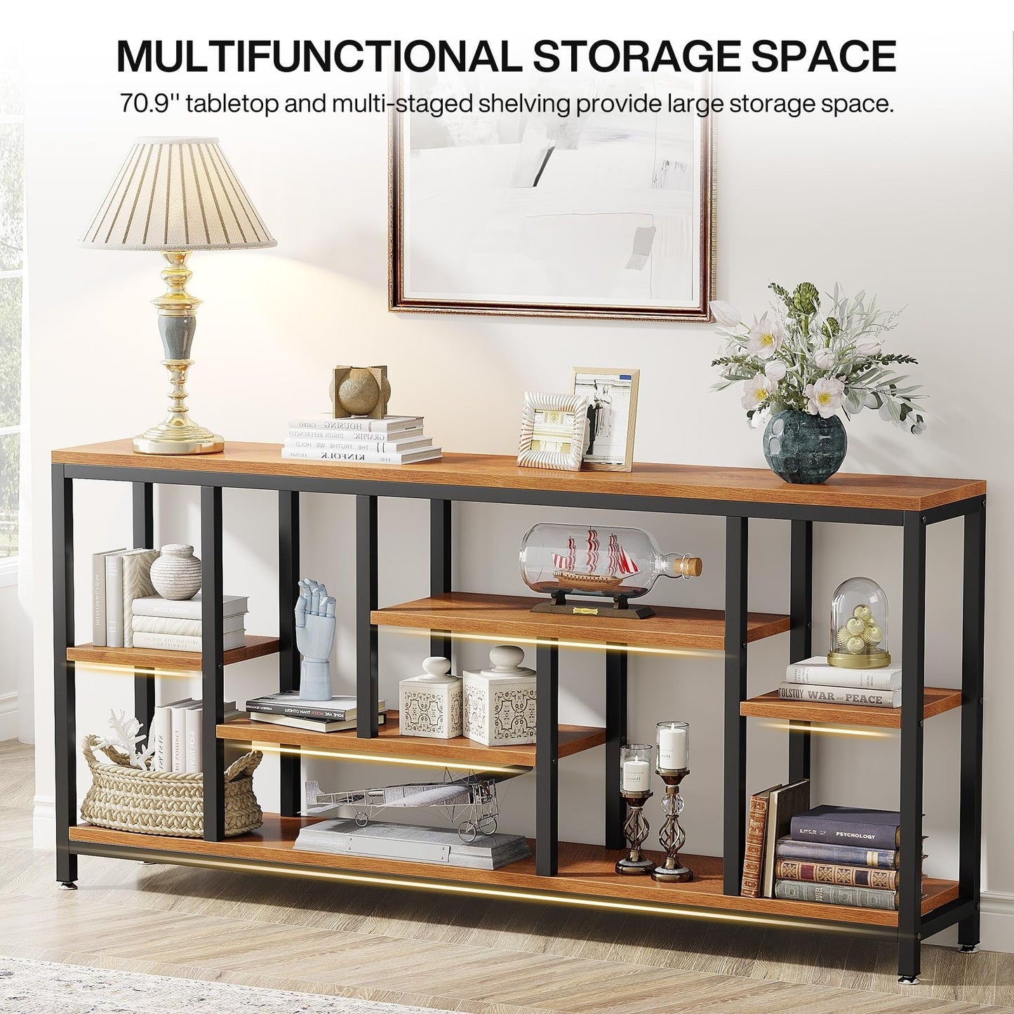 Table console de canapé de 180 cm avec rangement, table d'entrée à 3 niveaux pour couloir