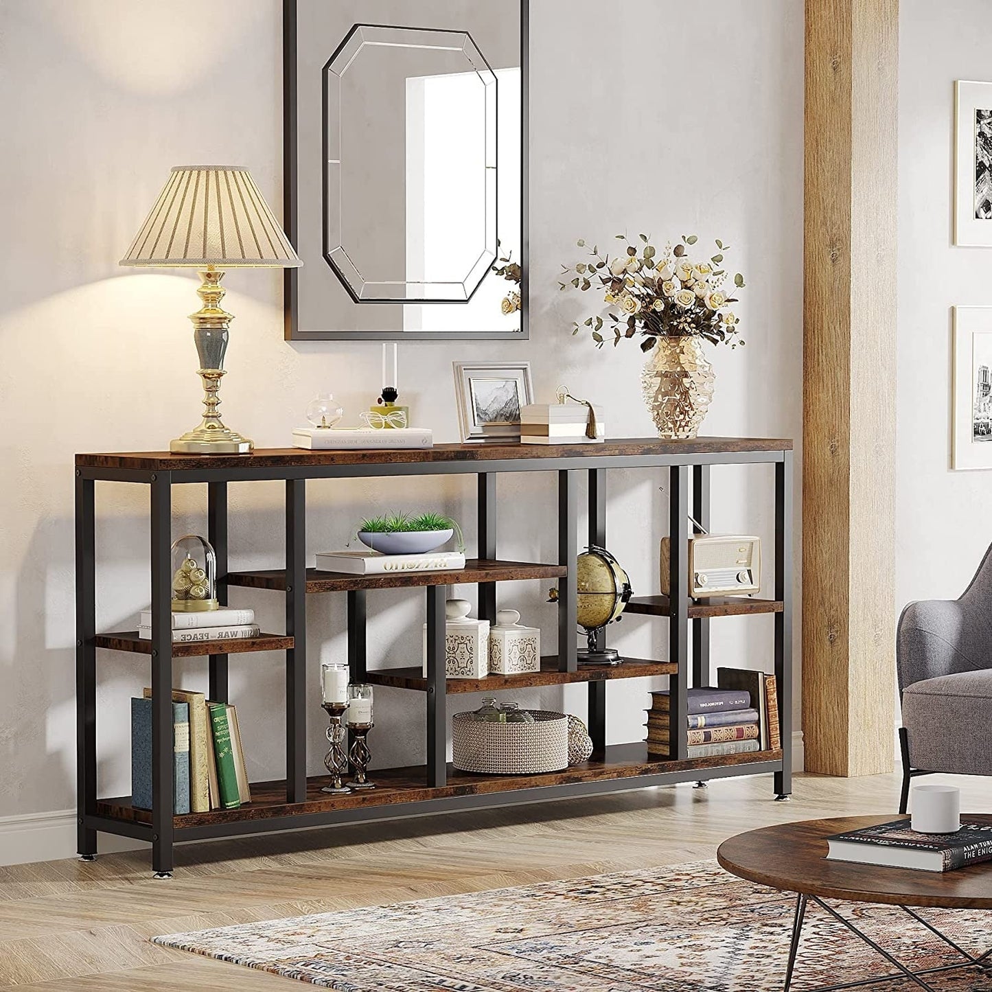 Table console de canapé de 180 cm avec rangement, table d'entrée à 3 niveaux pour couloir
