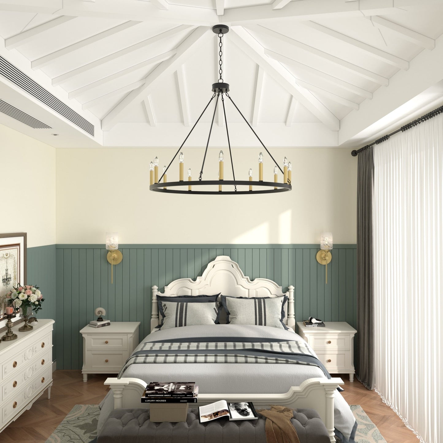 Suspension Acroma à 12 lumières, style ferme, 40 pouces, en forme de roue de charrette, avec certification UL - 40'' de diamètre x 138'' de hauteur
