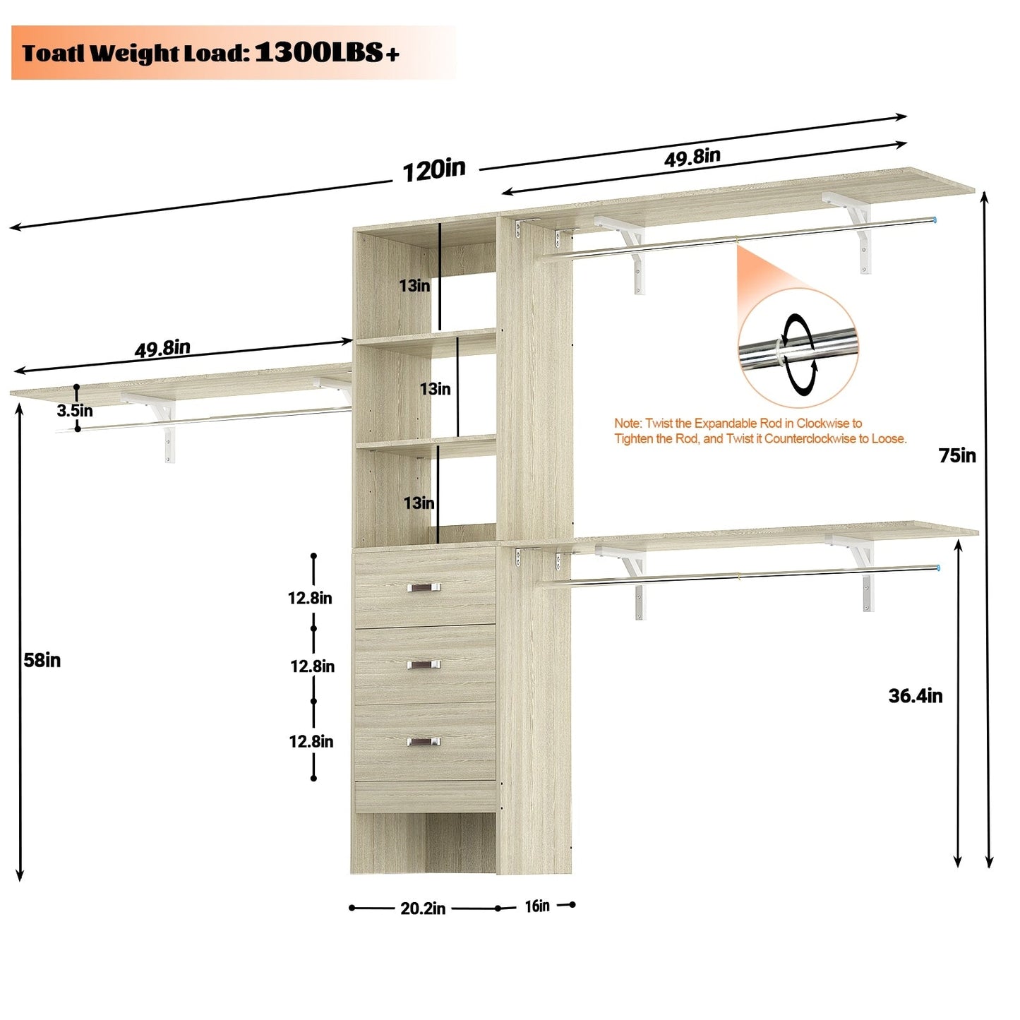 Rackcog Organisateur de placard réglable de 305 cm avec tiroirs, système de rangement avec étagères à assembler soi-même pour placard à l'italienne et placard à porte coulissante.