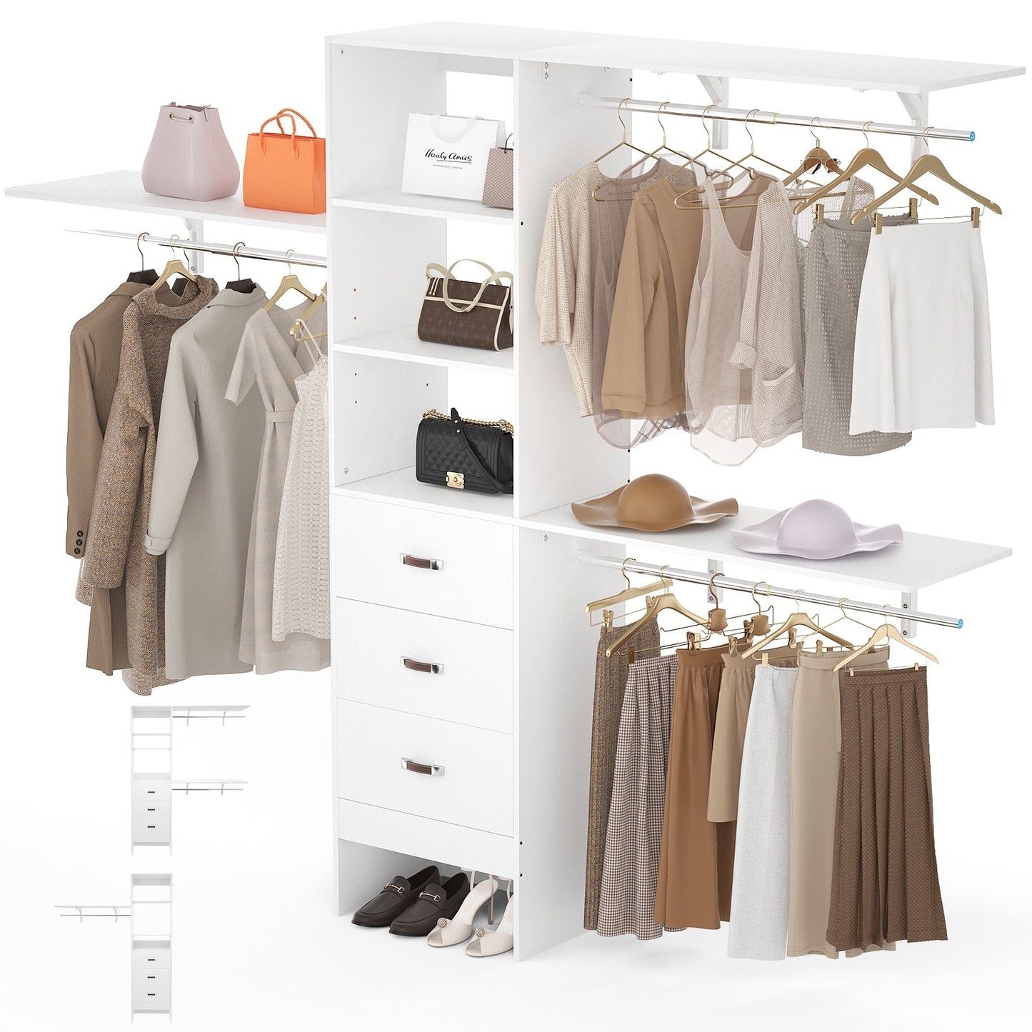 Rackcog Organisateur de placard réglable de 305 cm avec tiroirs, système de rangement avec étagères à assembler soi-même pour placard à l'italienne et placard à porte coulissante.
