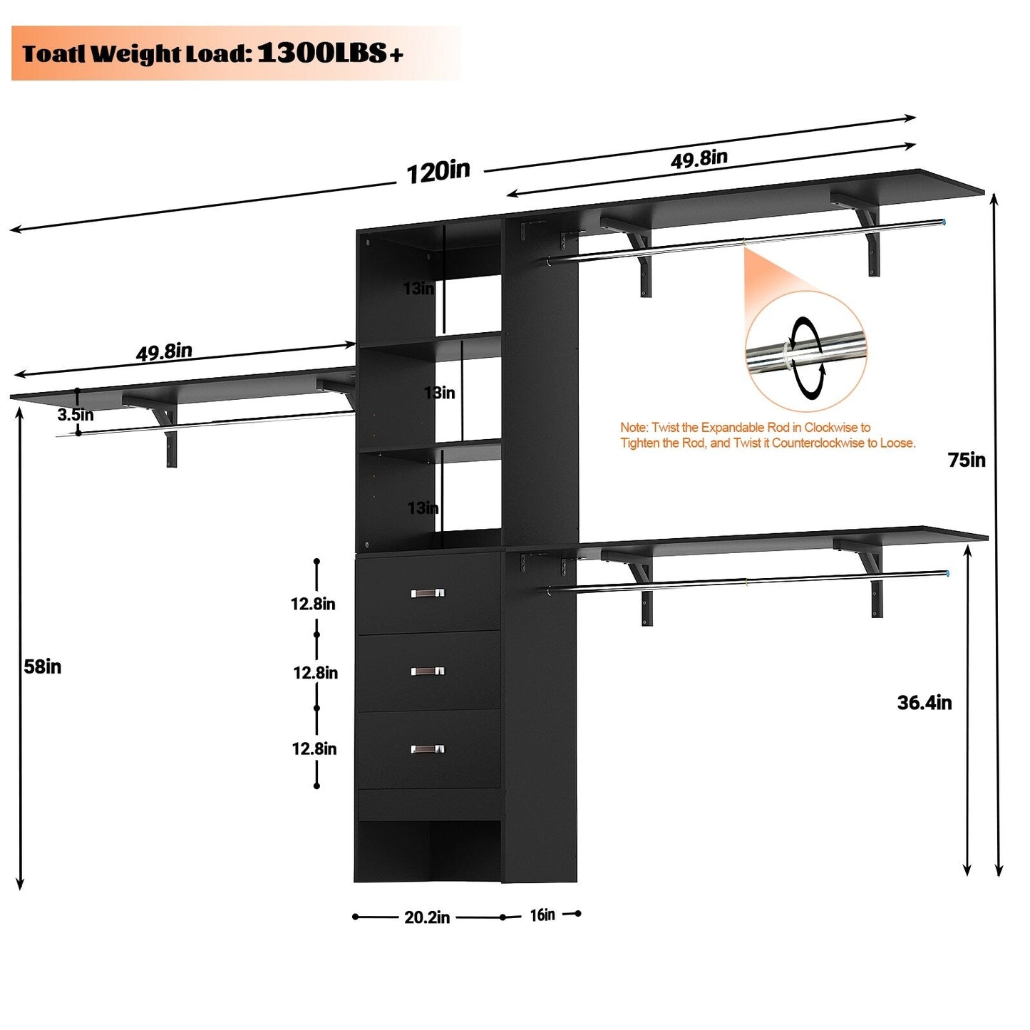 Rackcog Organisateur de placard réglable de 305 cm avec tiroirs, système de rangement avec étagères à assembler soi-même pour placard à l'italienne et placard à porte coulissante.