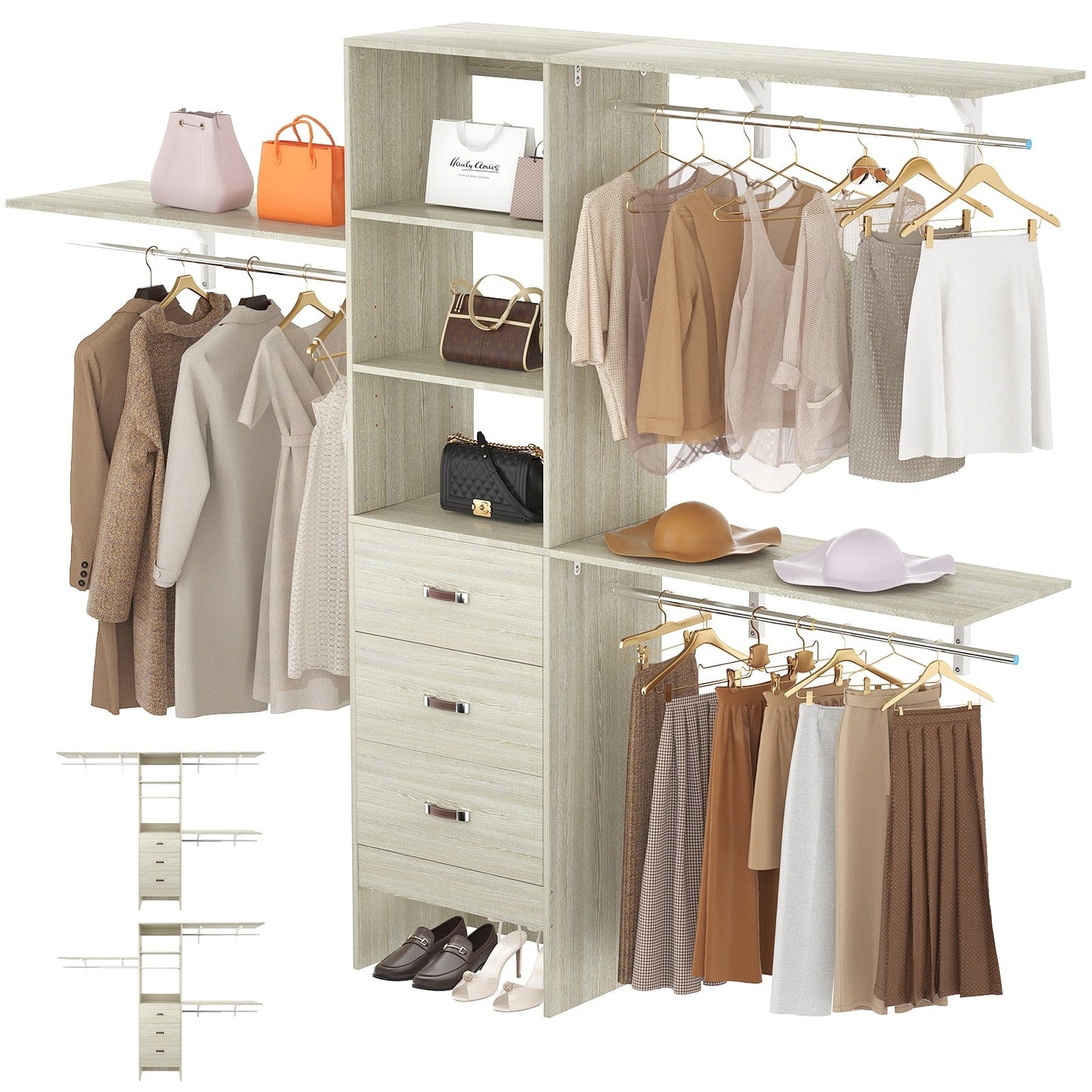 Rackcog Organisateur de placard réglable de 305 cm avec tiroirs, système de rangement avec étagères à assembler soi-même pour placard à l'italienne et placard à porte coulissante.