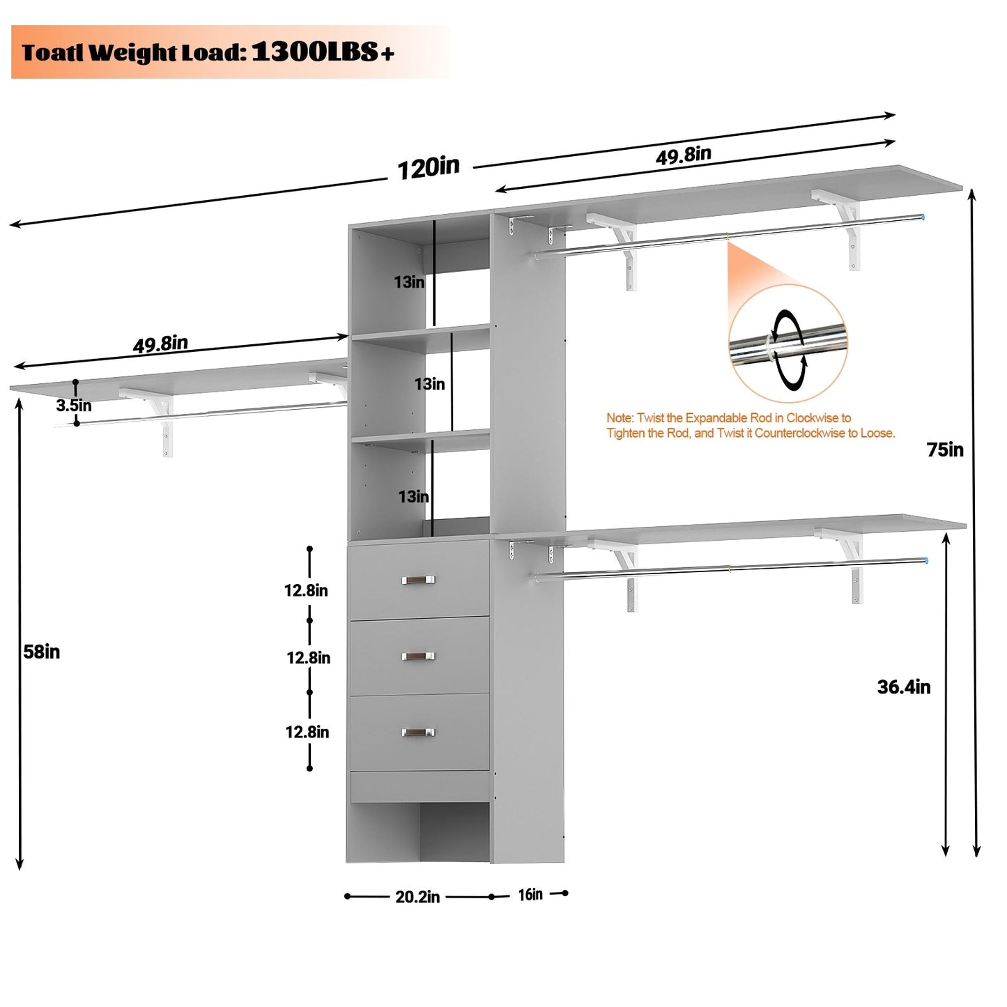 Rackcog Organisateur de placard réglable de 305 cm avec tiroirs, système de rangement avec étagères à assembler soi-même pour placard à l'italienne et placard à porte coulissante.