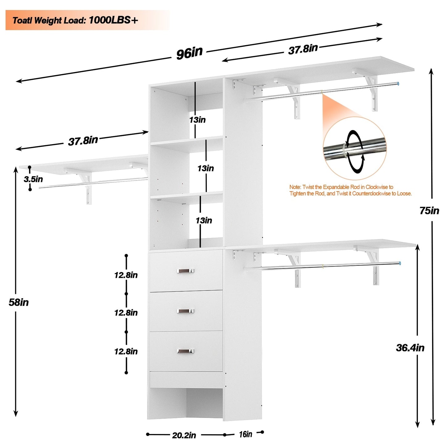 Rackcog Organisateur de placard réglable de 305 cm avec tiroirs, système de rangement avec étagères à assembler soi-même pour placard à l'italienne et placard à porte coulissante.