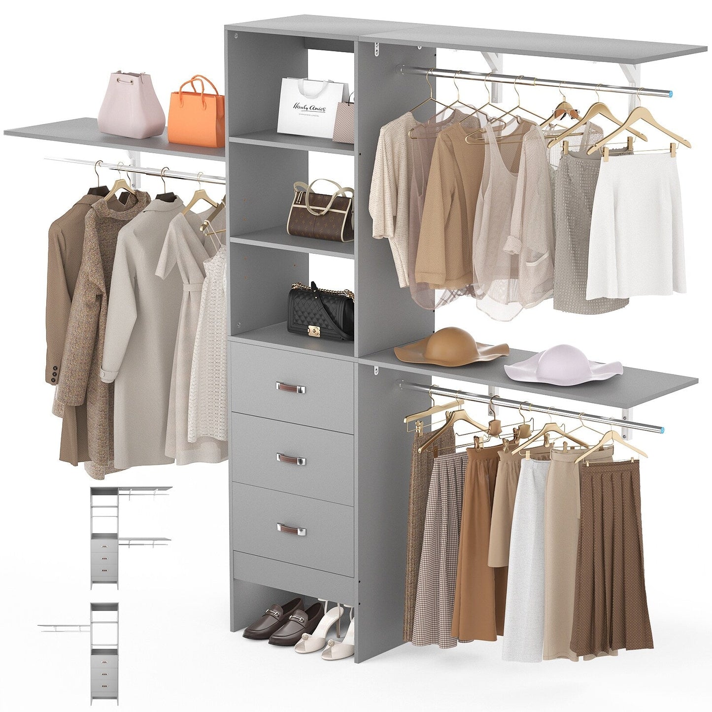 Rackcog Organisateur de placard réglable de 305 cm avec tiroirs, système de rangement avec étagères à assembler soi-même pour placard à l'italienne et placard à porte coulissante.
