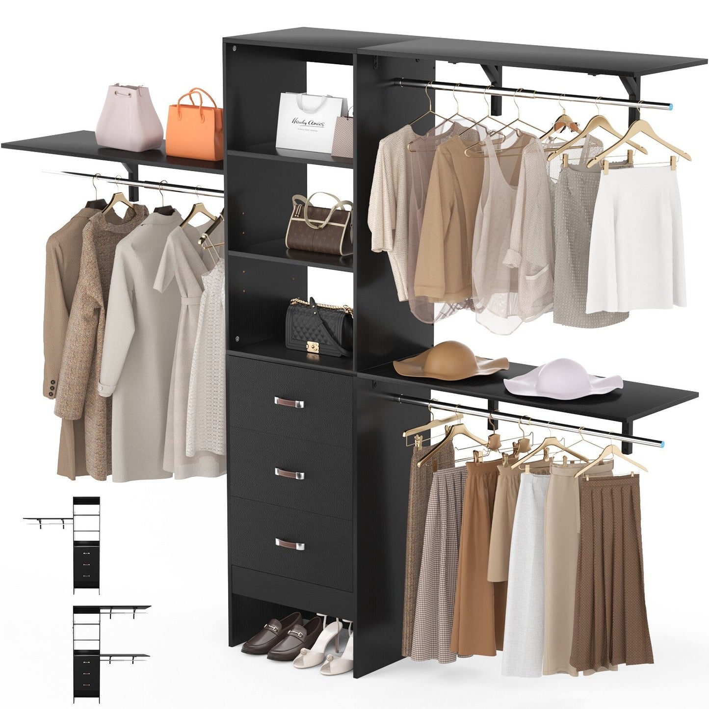Rackcog Organisateur de placard réglable de 305 cm avec tiroirs, système de rangement avec étagères à assembler soi-même pour placard à l'italienne et placard à porte coulissante.