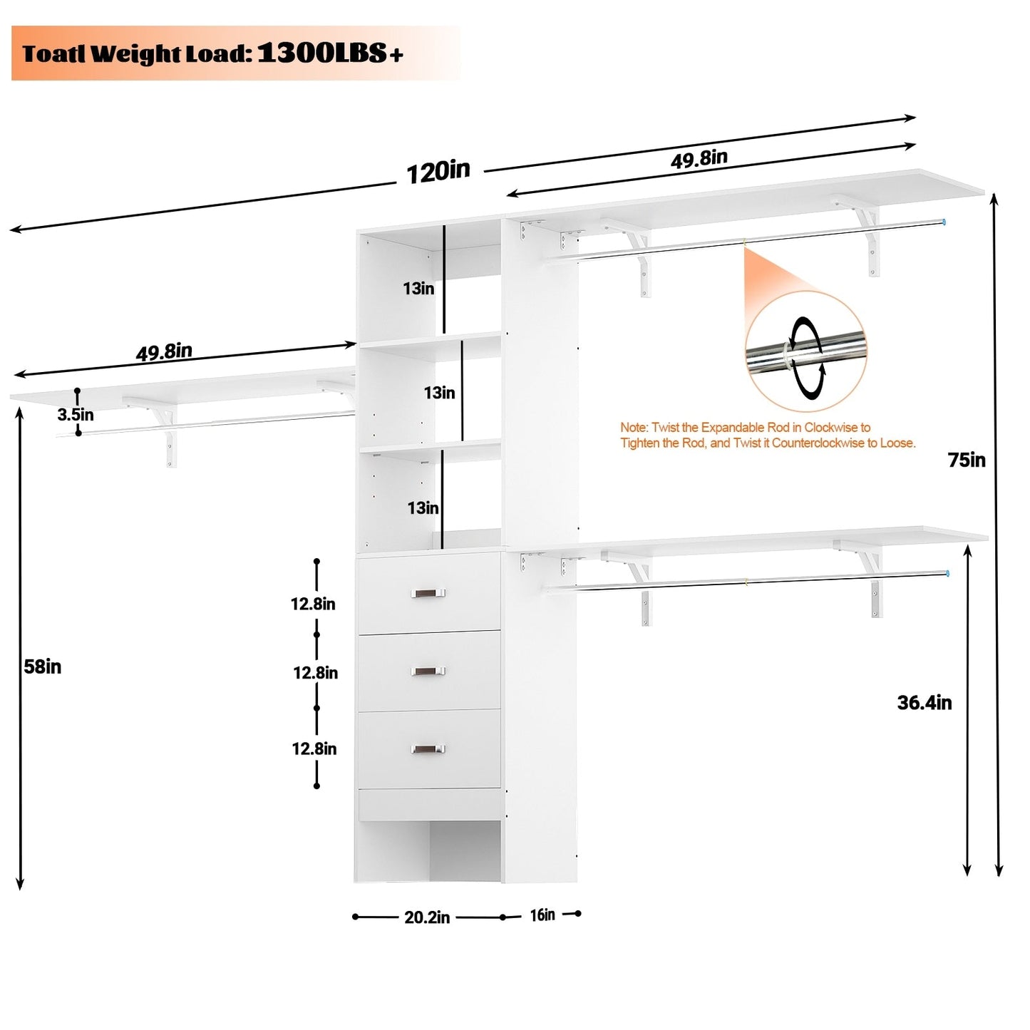 Rackcog Organisateur de placard réglable de 305 cm avec tiroirs, système de rangement avec étagères à assembler soi-même pour placard à l'italienne et placard à porte coulissante.