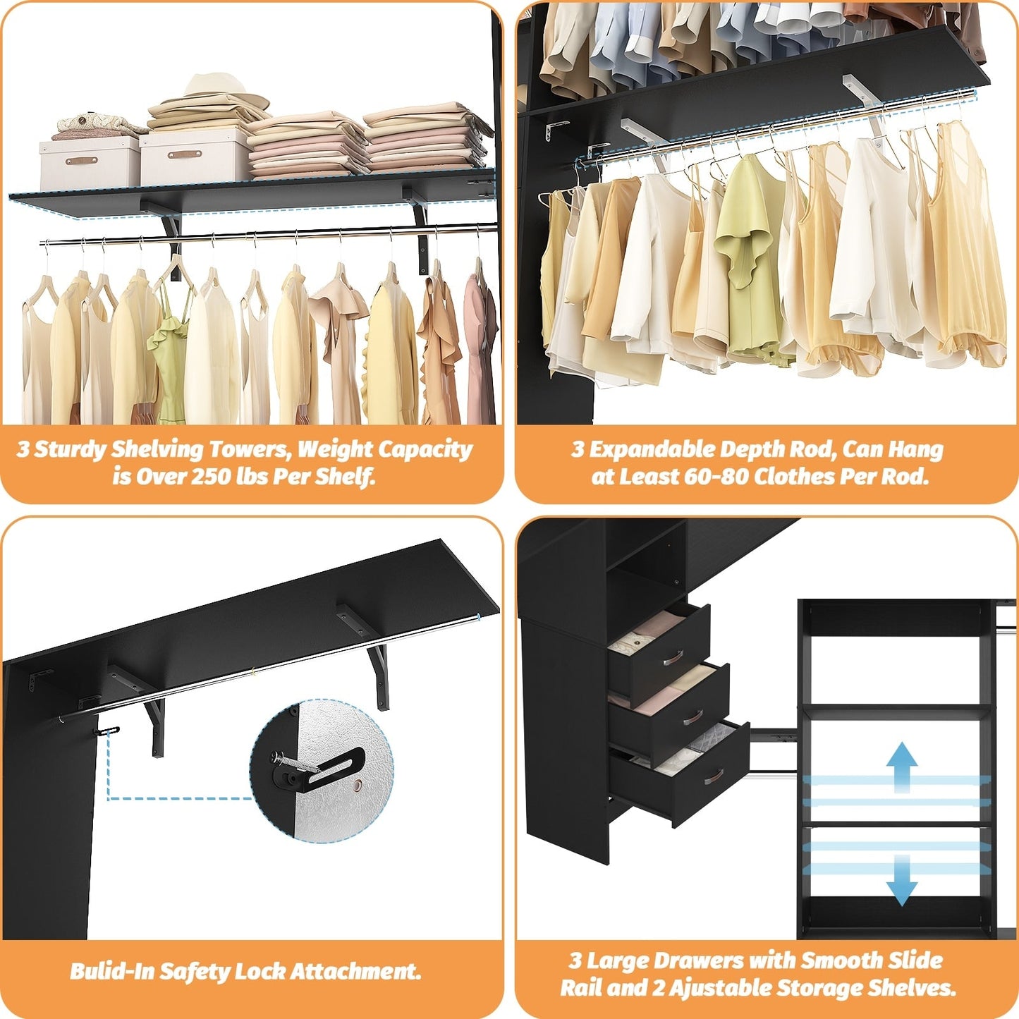 Rackcog Organisateur de placard réglable de 305 cm avec tiroirs, système de rangement avec étagères à assembler soi-même pour placard à l'italienne et placard à porte coulissante.