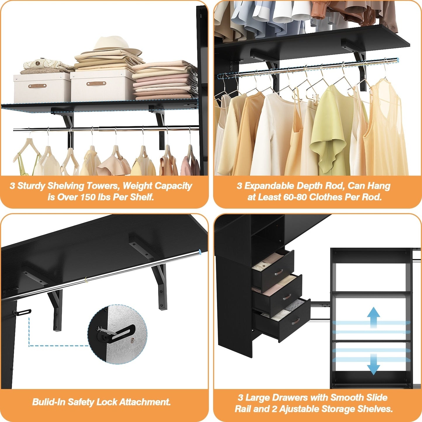 Rackcog Organisateur de placard réglable de 305 cm avec tiroirs, système de rangement avec étagères à assembler soi-même pour placard à l'italienne et placard à porte coulissante.