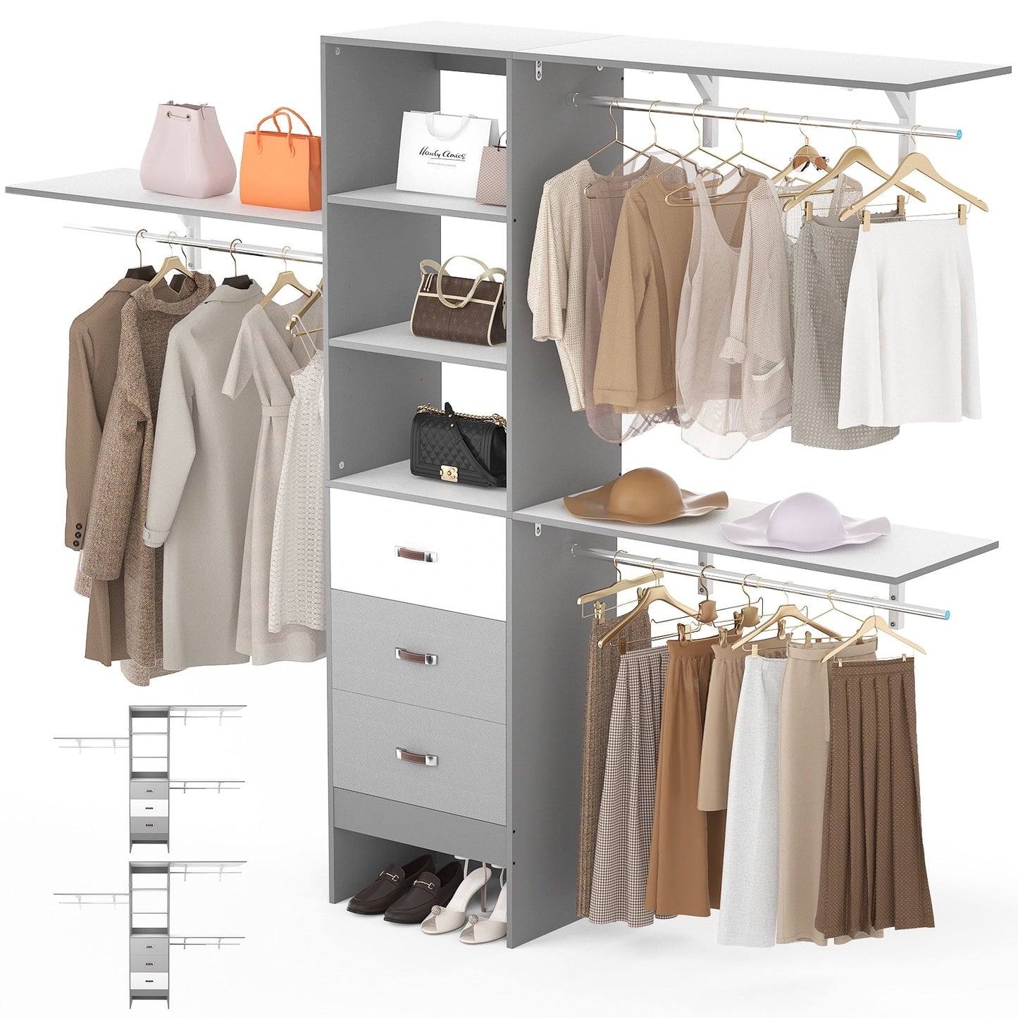 Rackcog Organisateur de placard réglable de 305 cm avec tiroirs, système de rangement avec étagères à assembler soi-même pour placard à l'italienne et placard à porte coulissante.