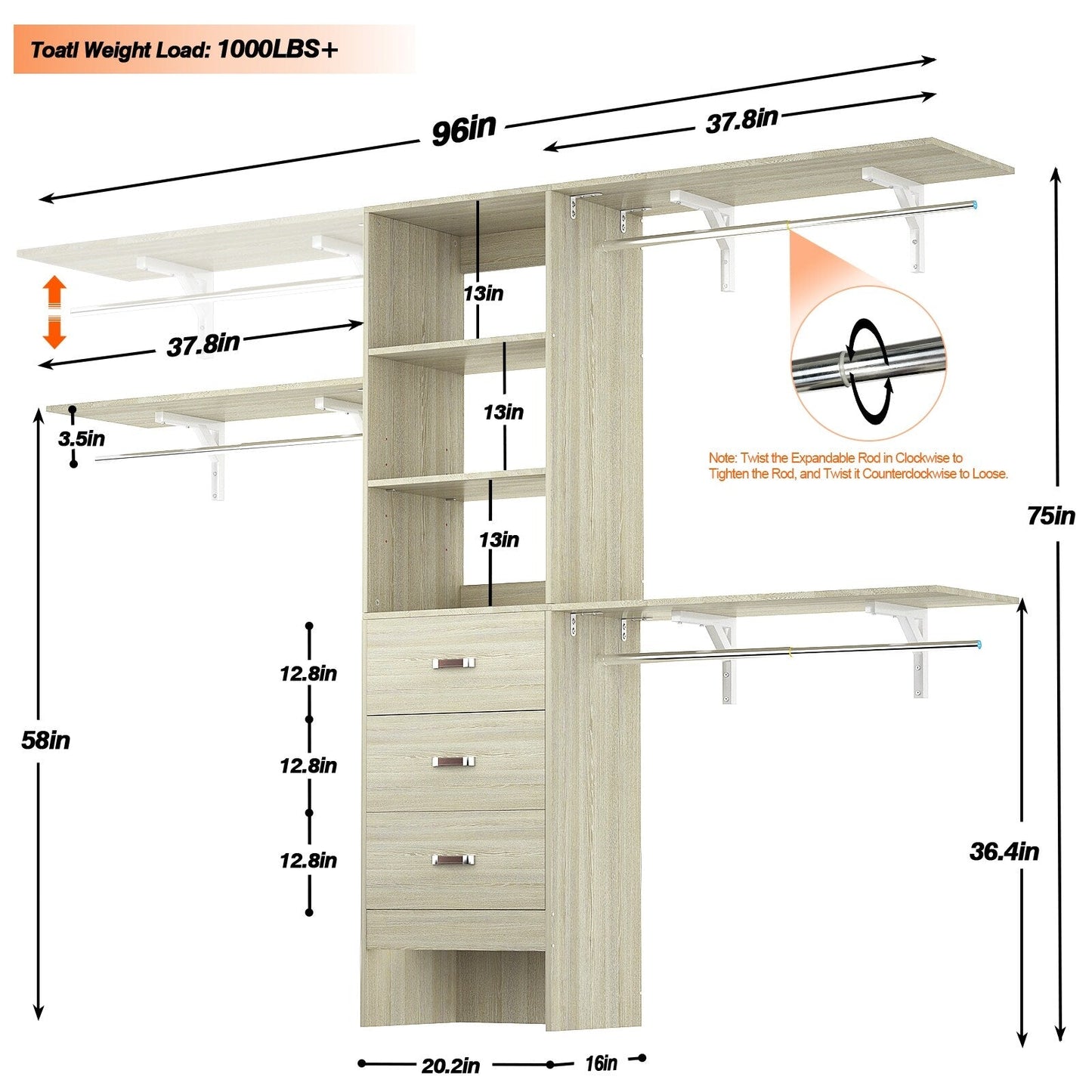 Rackcog Organisateur de placard réglable de 305 cm avec tiroirs, système de rangement avec étagères à assembler soi-même pour placard à l'italienne et placard à porte coulissante.