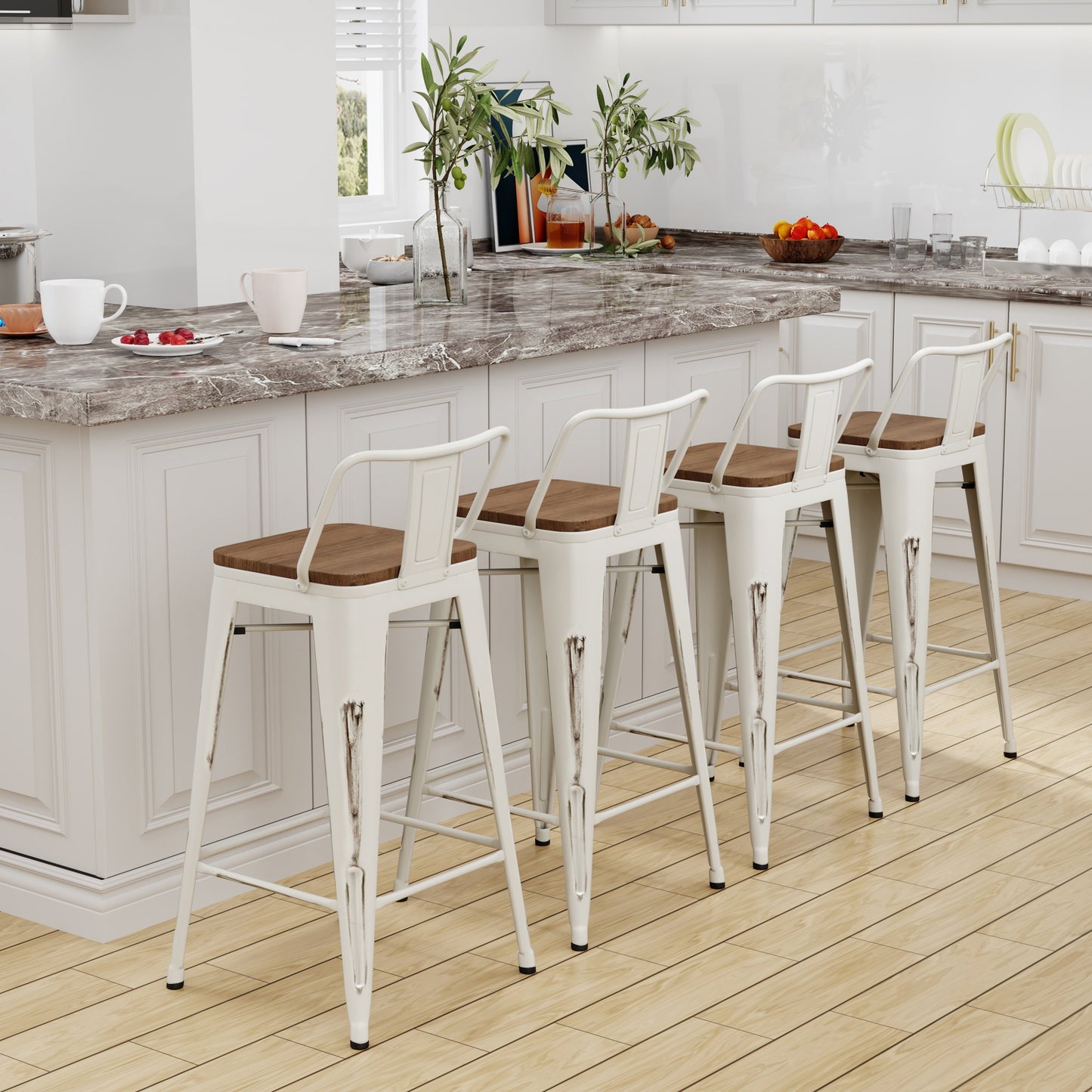 Tabourets de bar avec dossier, lot de 4, tabourets de bar industriels en métal avec assises en bois