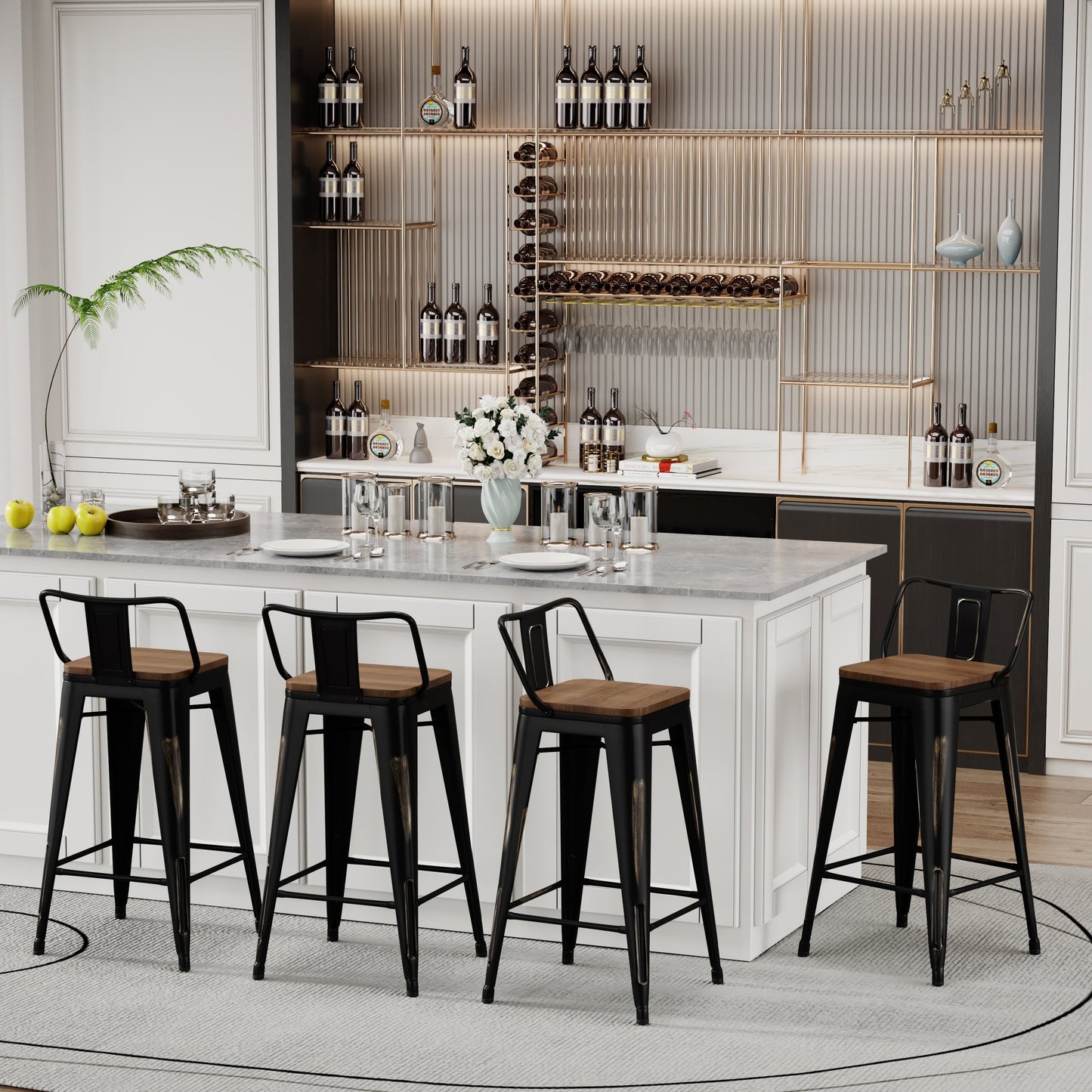 Tabourets de bar avec dossier, lot de 4, tabourets de bar industriels en métal avec assises en bois