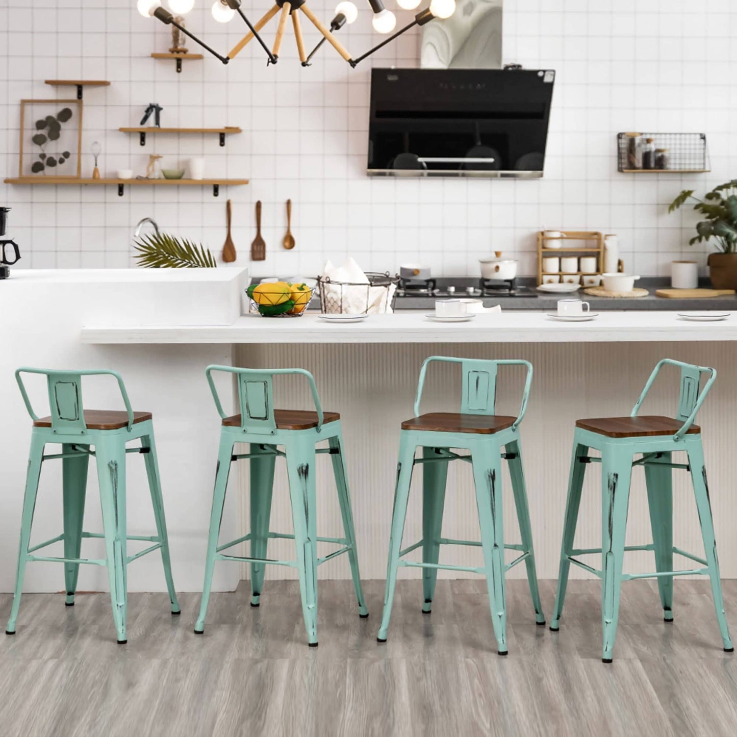 Tabourets de bar avec dossier, lot de 4, tabourets de bar industriels en métal avec assises en bois