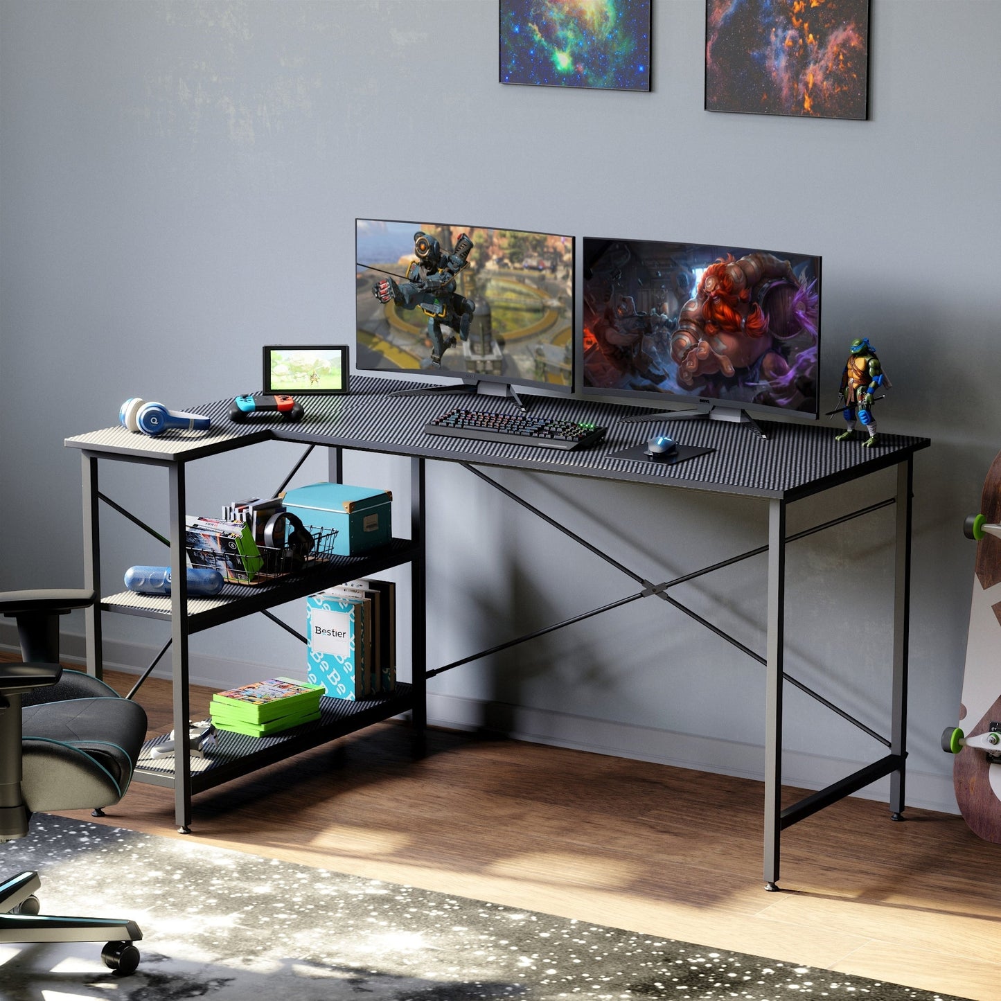 Bureau en forme de L avec étagères de rangement, bureau d'ordinateur d'angle.