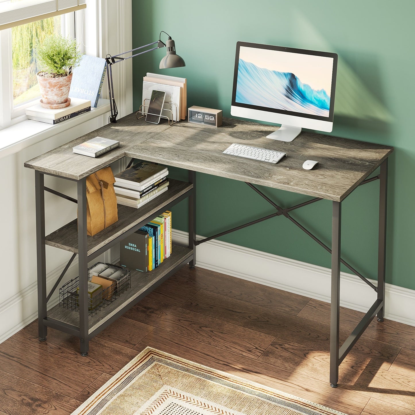 Bureau en forme de L avec étagères de rangement, bureau d'ordinateur d'angle.