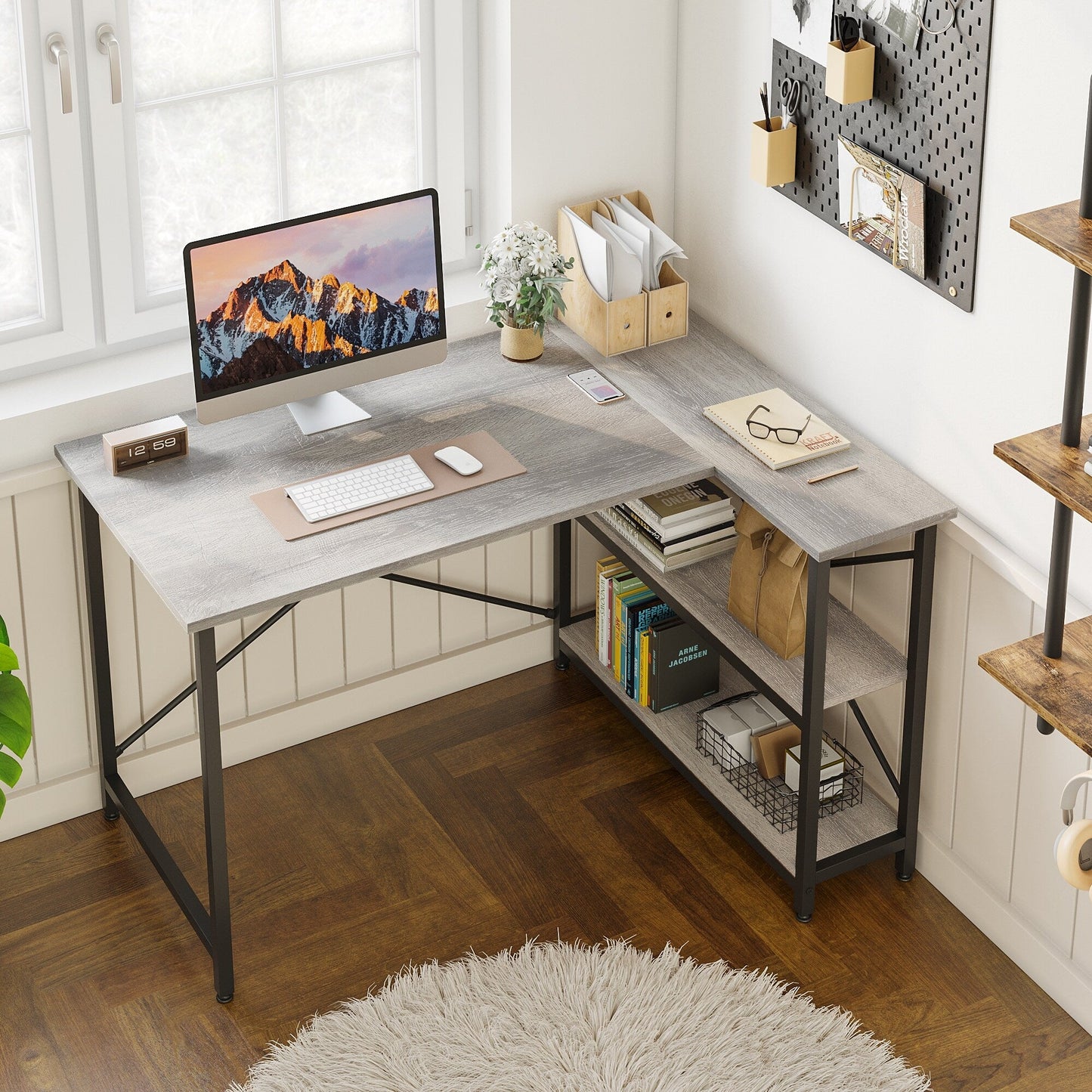 Bureau en forme de L avec étagères de rangement, bureau d'ordinateur d'angle.