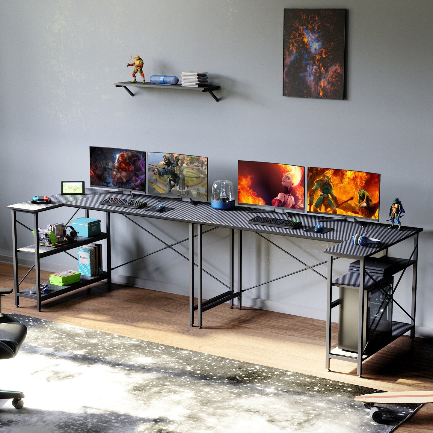 Bureau en forme de L avec étagères de rangement, bureau d'ordinateur d'angle.