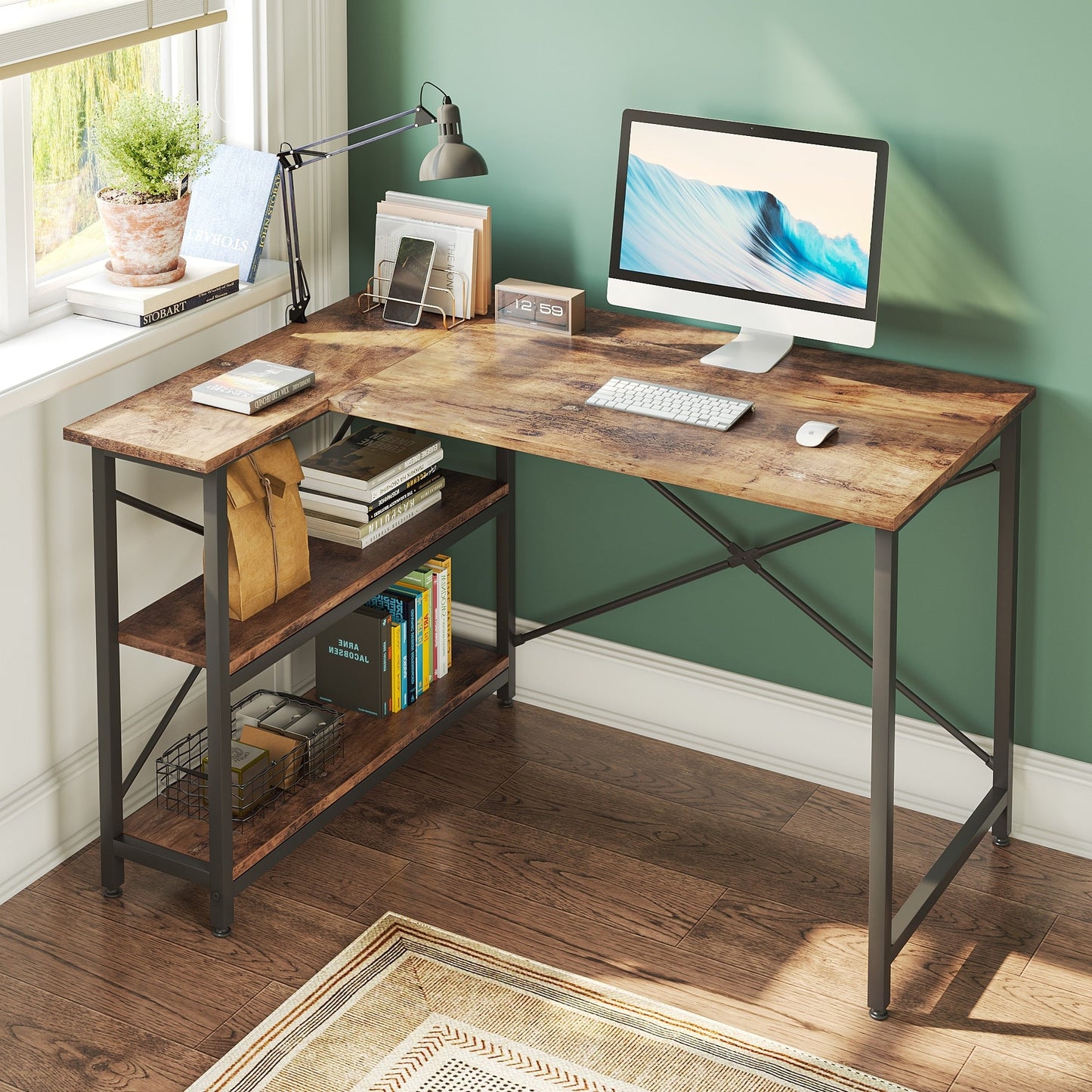 Bureau en forme de L avec étagères de rangement, bureau d'ordinateur d'angle.