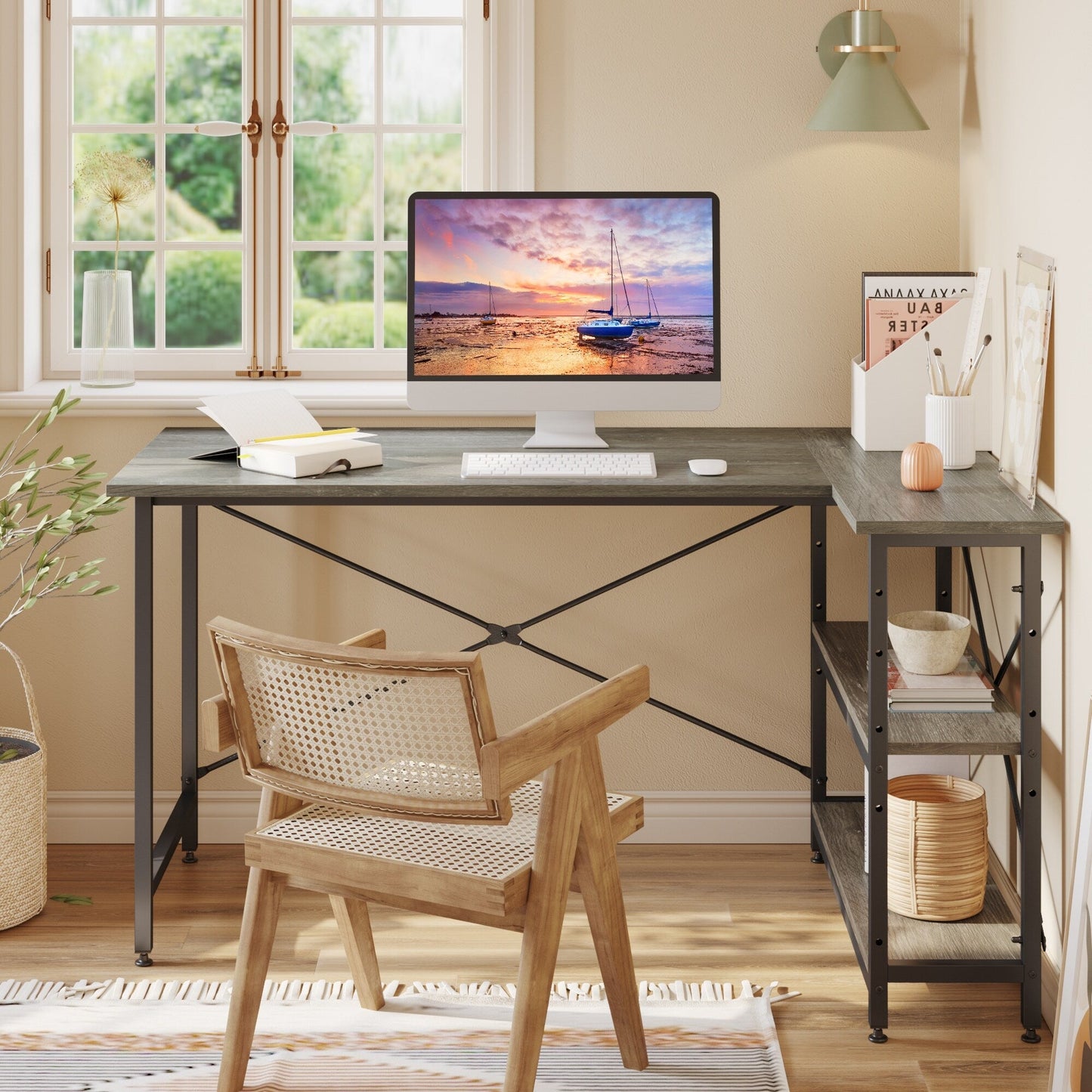 Bureau en forme de L avec étagères de rangement, bureau d'ordinateur d'angle.