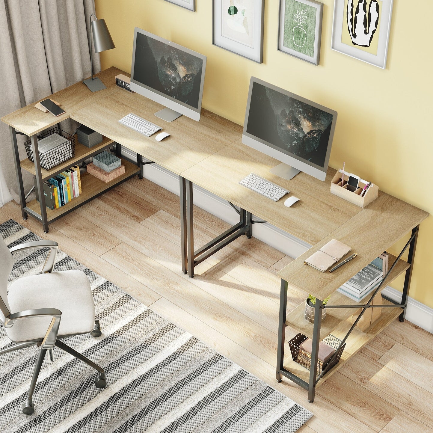 Bureau en forme de L avec étagères de rangement, bureau d'ordinateur d'angle.