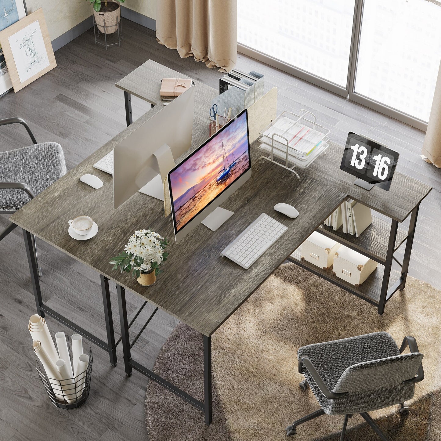 Bureau en forme de L avec étagères de rangement, bureau d'ordinateur d'angle.