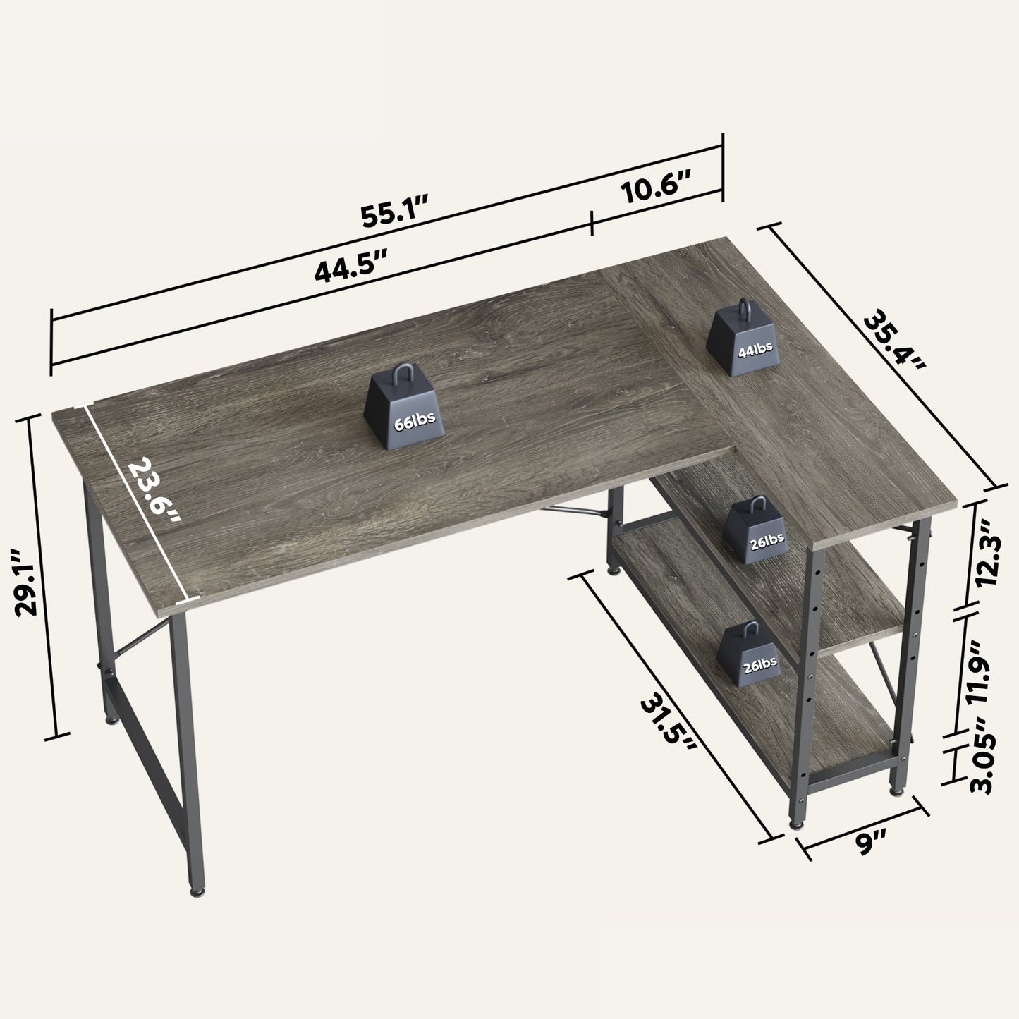 Bureau en forme de L avec étagères de rangement, bureau d'ordinateur d'angle.
