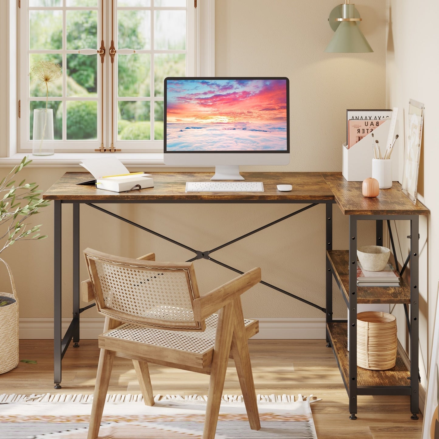 Bureau en forme de L avec étagères de rangement, bureau d'ordinateur d'angle.