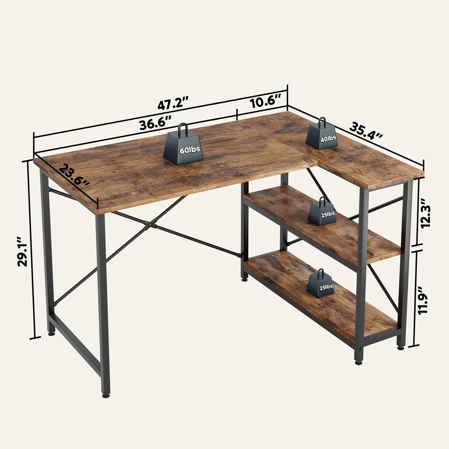 Bureau en forme de L avec étagères de rangement, bureau d'ordinateur d'angle.