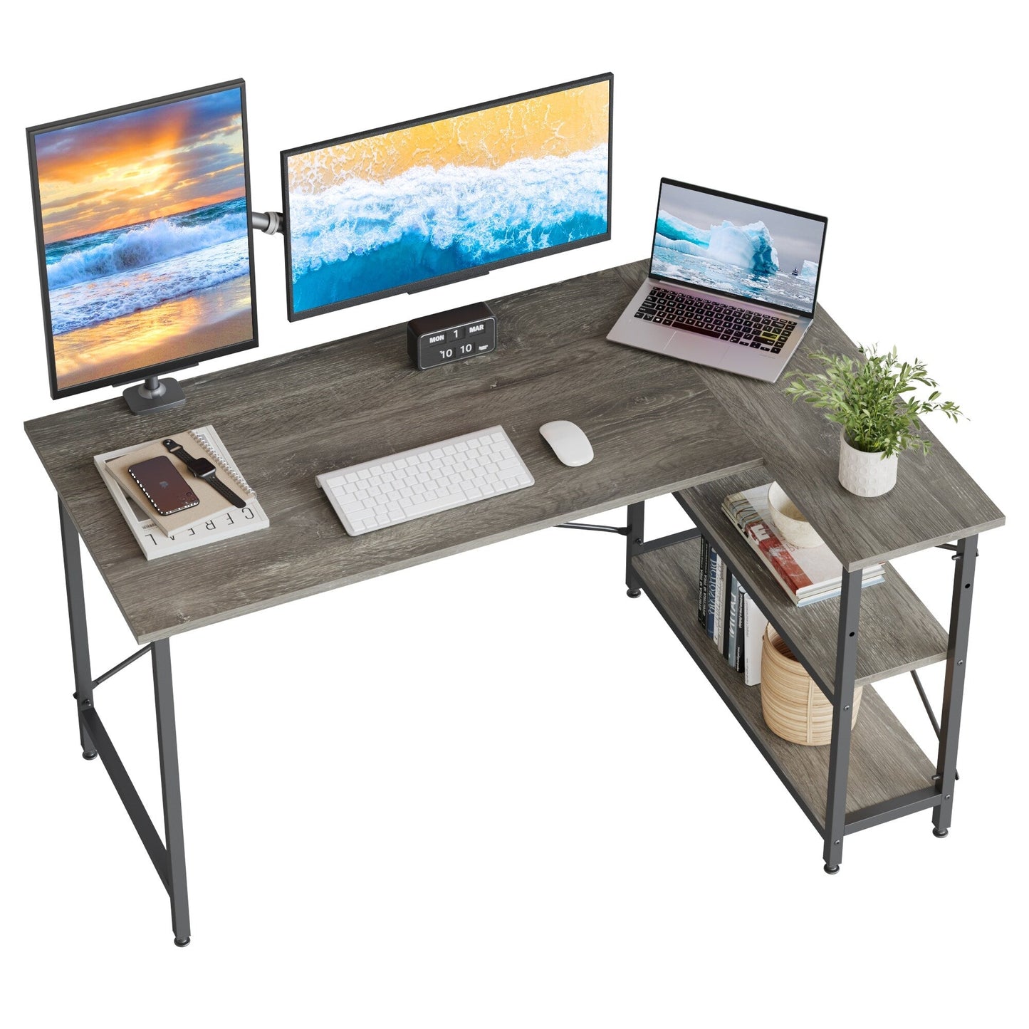 Bureau en forme de L avec étagères de rangement, bureau d'ordinateur d'angle.