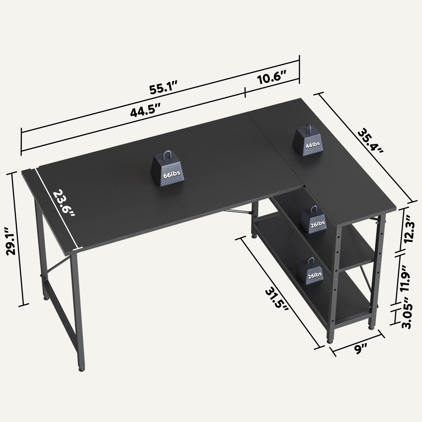 Bureau en forme de L avec étagères de rangement, bureau d'ordinateur d'angle.