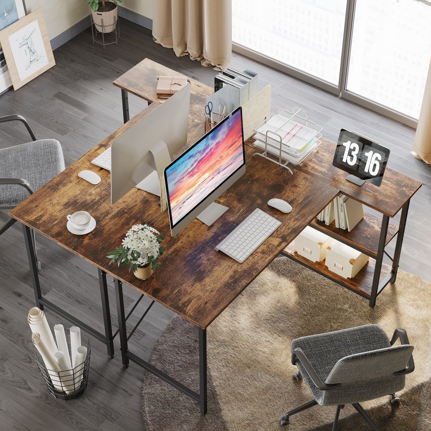 Bureau en forme de L avec étagères de rangement, bureau d'ordinateur d'angle.
