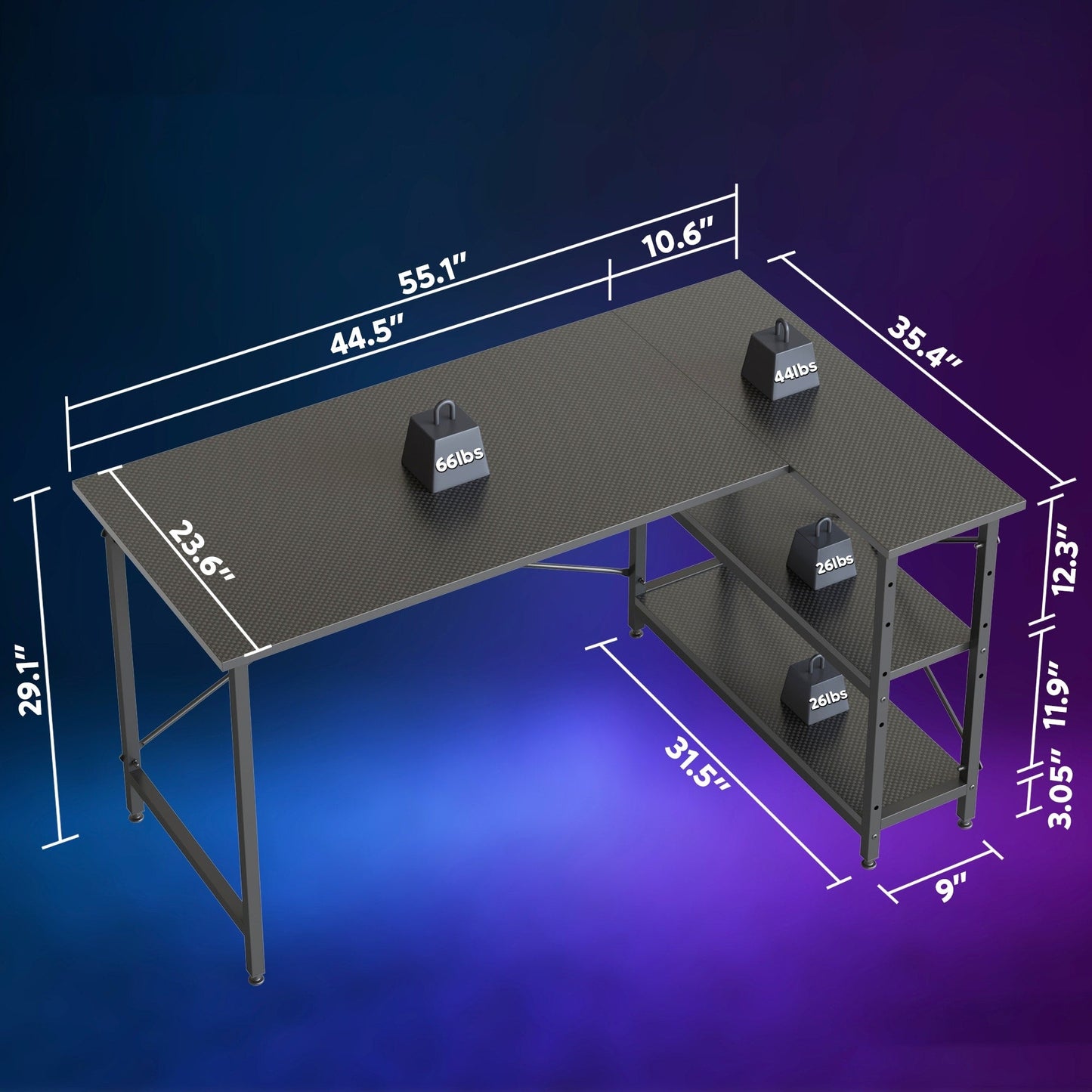 Bureau en forme de L avec étagères de rangement, bureau d'ordinateur d'angle.