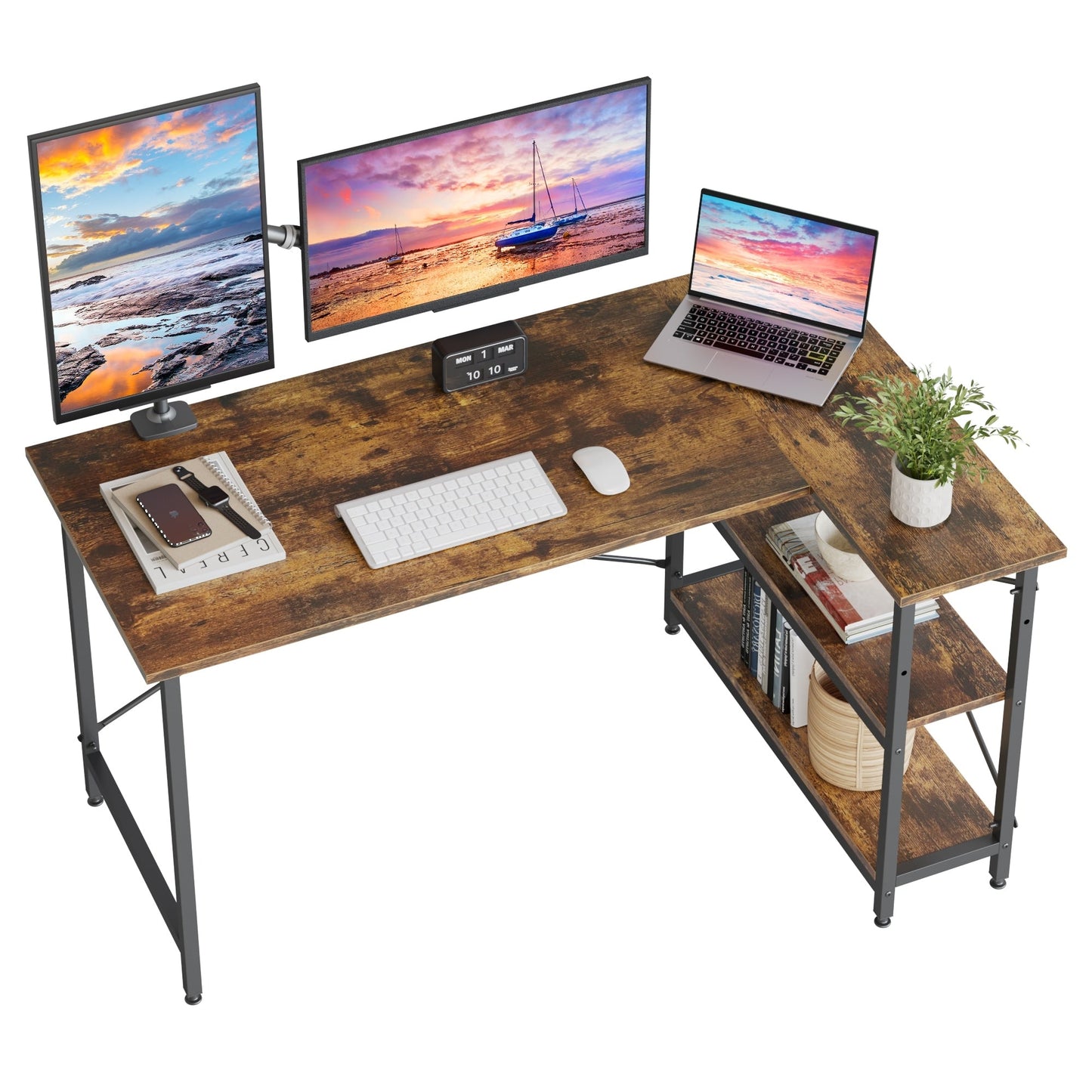 Bureau en forme de L avec étagères de rangement, bureau d'ordinateur d'angle.