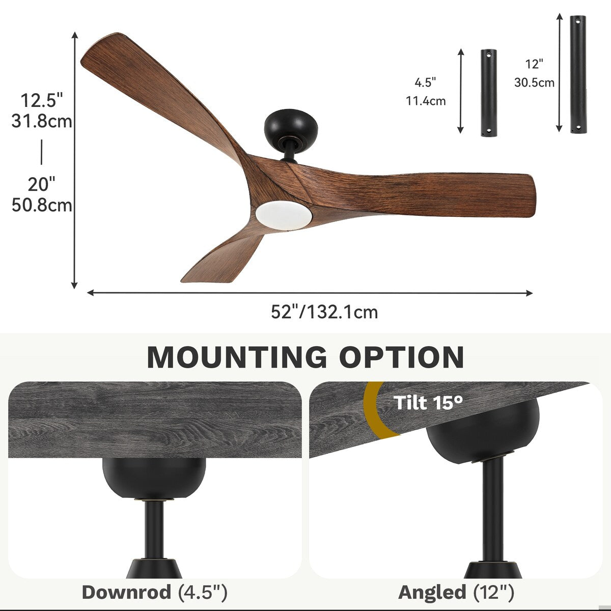 Ventilateur de plafond avec éclairage, ventilateur de plafond 52 pouces avec télécommande, LED à intensité variable et température à trois couleurs.