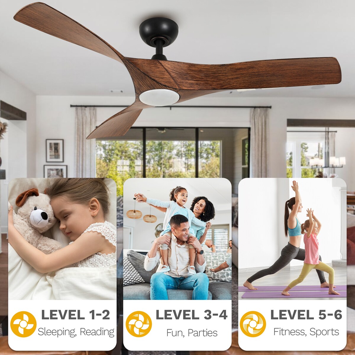 Ventilateur de plafond avec éclairage, ventilateur de plafond 52 pouces avec télécommande, LED à intensité variable et température à trois couleurs.