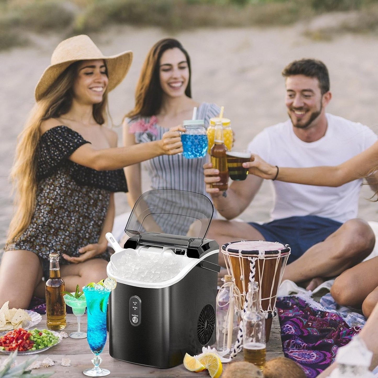 Fabrique de glaçons Nugget Ice portable pour comptoir avec boutons mécaniques, équipée d'un bac à glaçons et d'une pelle à glaçons, en acier inoxydable.