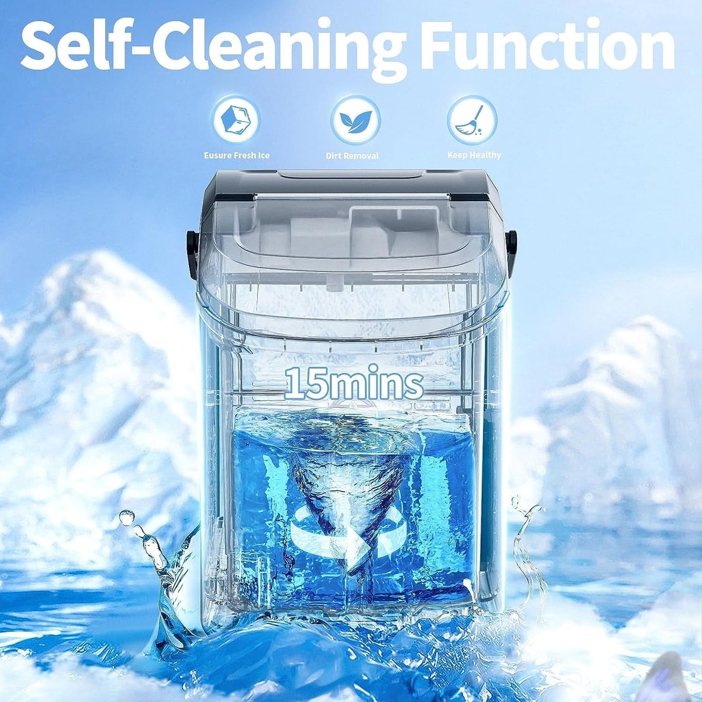 Fabrique de glaçons Nugget Ice portable pour comptoir avec boutons mécaniques, équipée d'un bac à glaçons et d'une pelle à glaçons, en acier inoxydable.