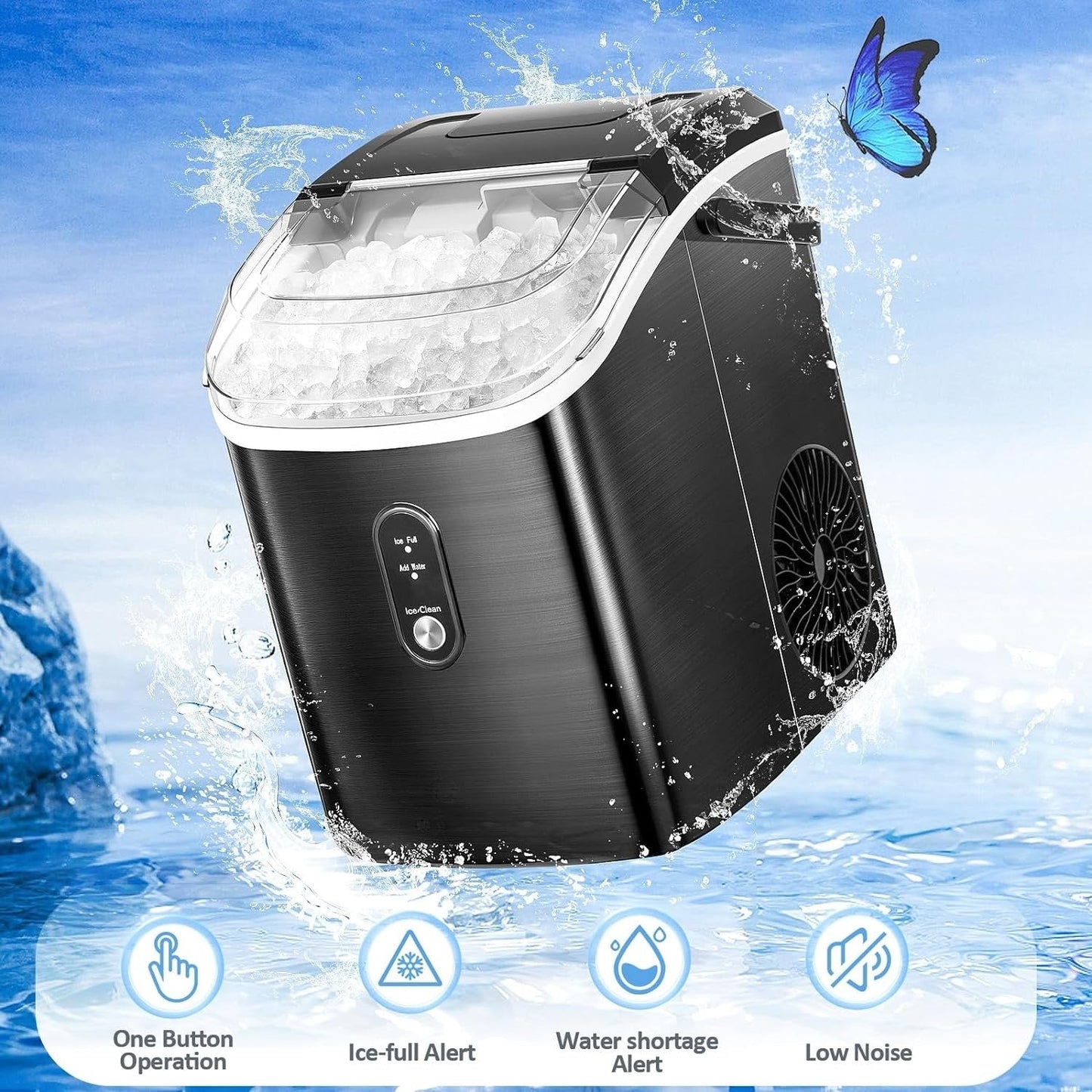 Fabrique de glaçons Nugget Ice portable pour comptoir avec boutons mécaniques, équipée d'un bac à glaçons et d'une pelle à glaçons, en acier inoxydable.
