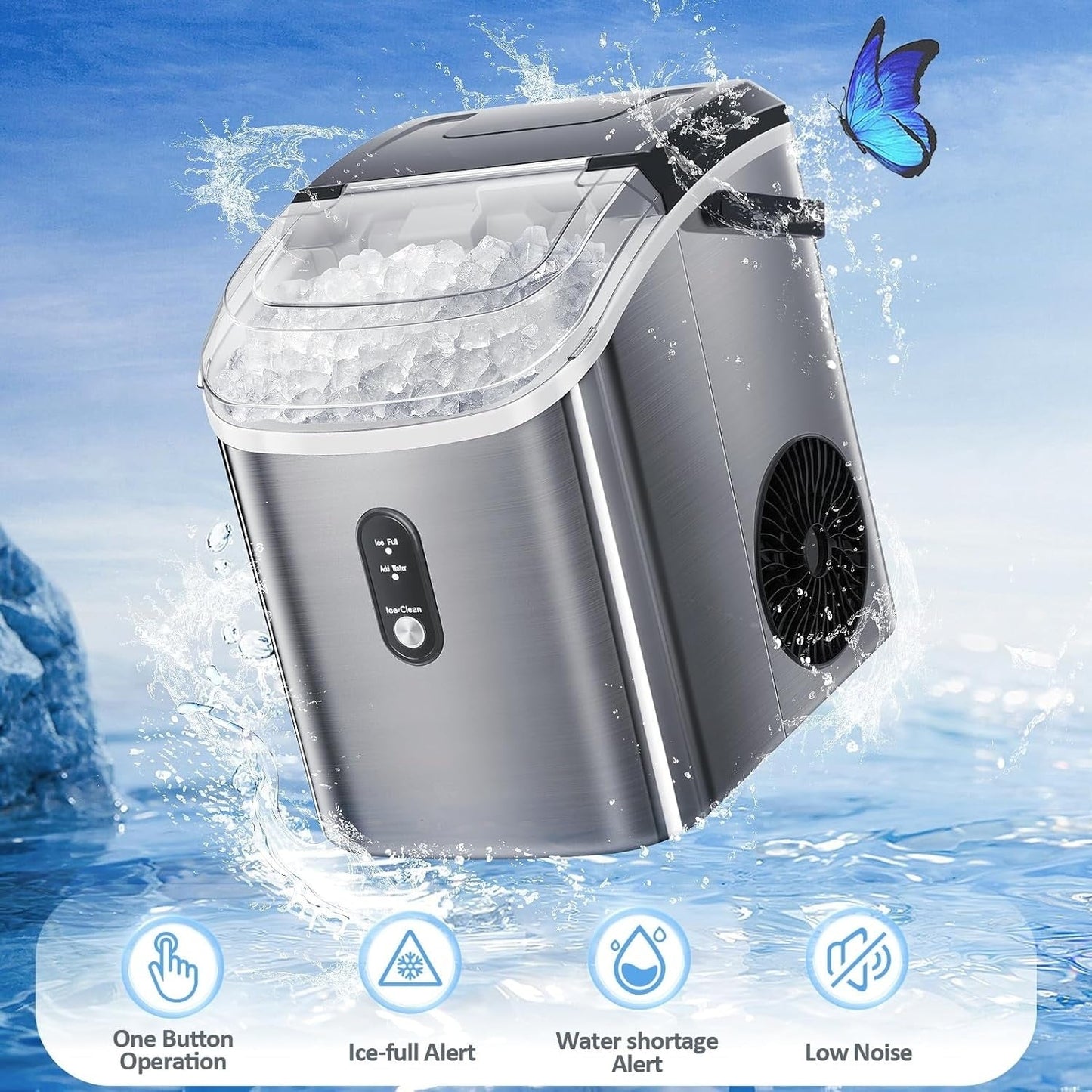 Fabrique de glaçons Nugget Ice portable pour comptoir avec boutons mécaniques, équipée d'un bac à glaçons et d'une pelle à glaçons, en acier inoxydable.
