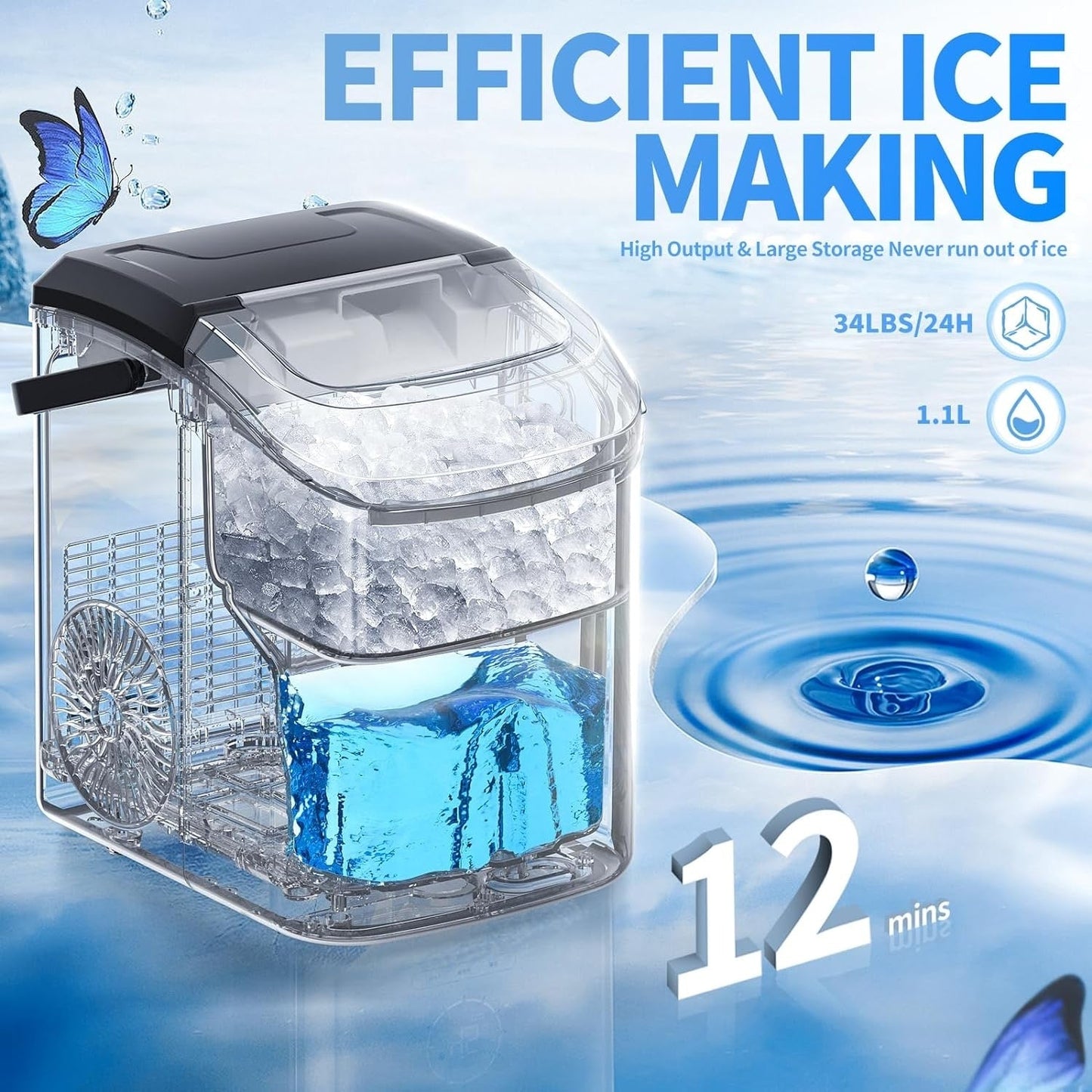 Fabrique de glaçons Nugget Ice portable pour comptoir avec boutons mécaniques, équipée d'un bac à glaçons et d'une pelle à glaçons, en acier inoxydable.