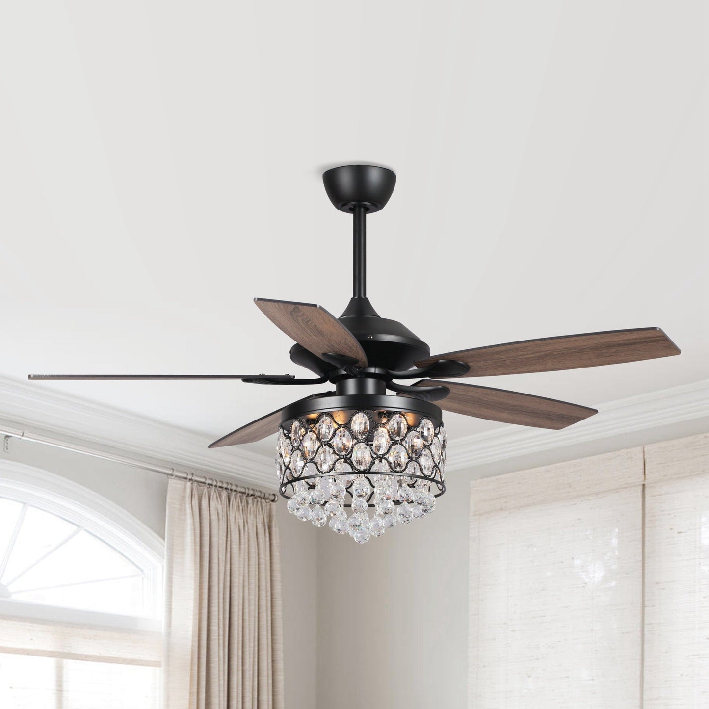 Luminaire suspendu/ventilateur de plafond à 4 lumières en chrome et cristal avec télécommande