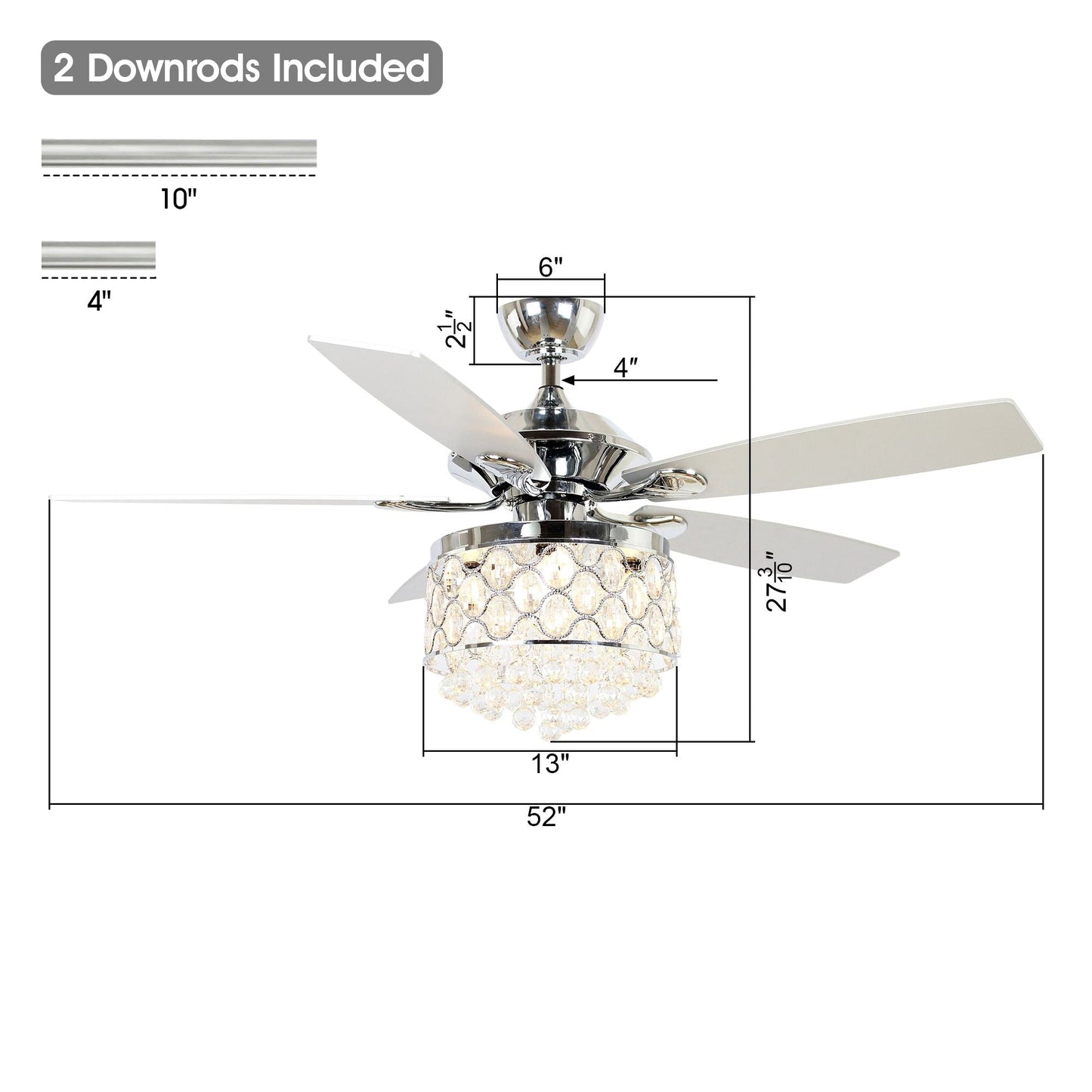 Luminaire suspendu/ventilateur de plafond à 4 lumières en chrome et cristal avec télécommande