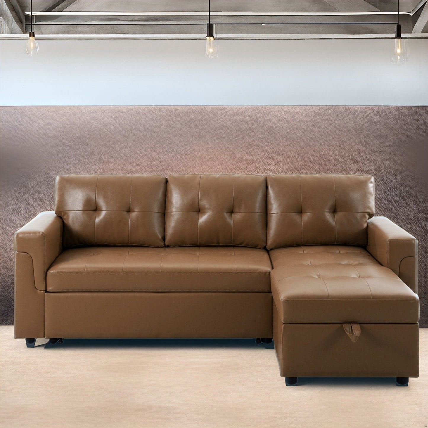 Canapé d'angle convertible et réversible avec lit escamotable, chaise longue avec rangement intégré et pieds robustes.