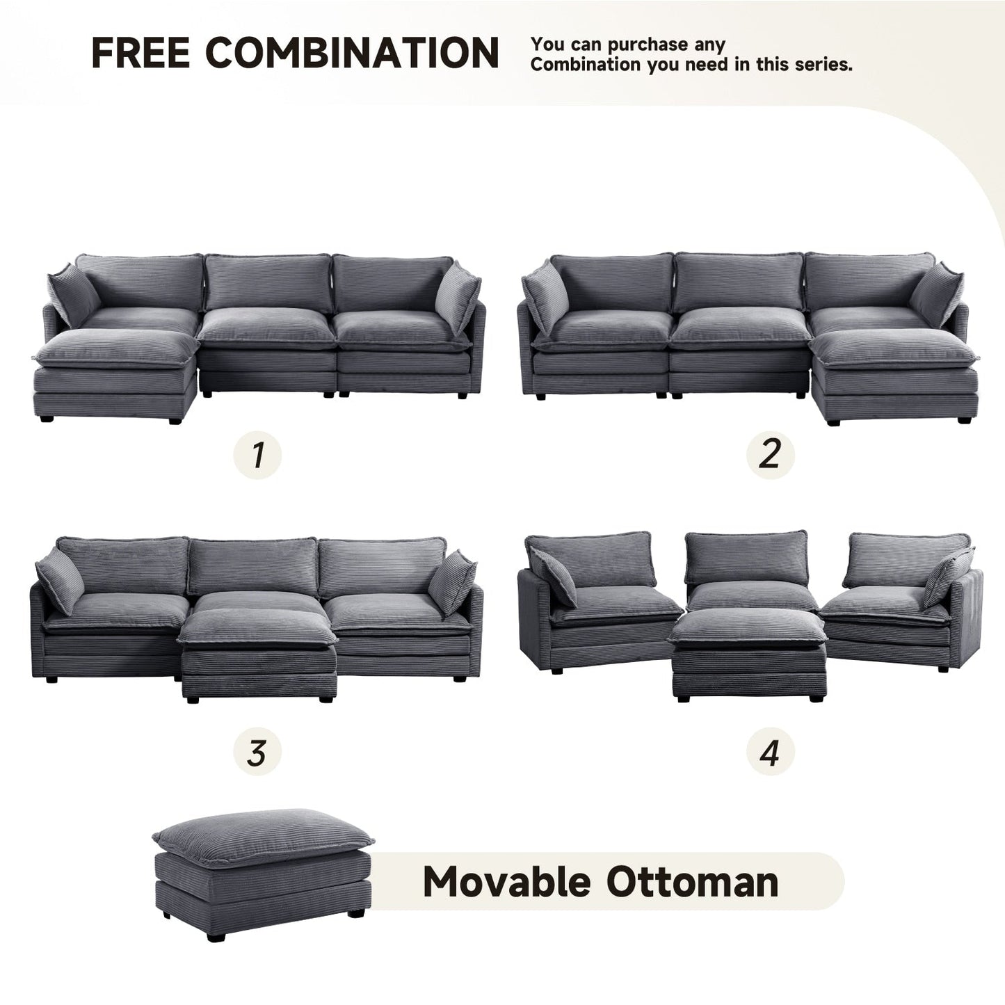 Canapé d'angle en velours côtelé avec ottomans amovibles et coussins ultra-doux pour le salon et la chambre à coucher