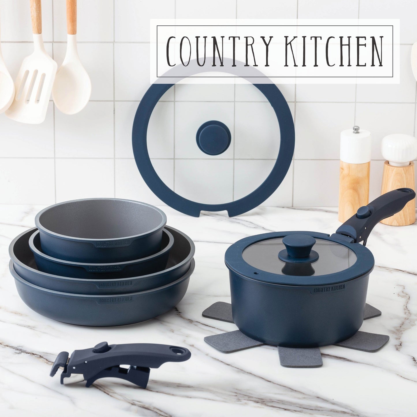 Service de cuisine Country Kitchen 16 pièces pour camping-car, céramique, avec poignées amovibles, compatible avec le four.